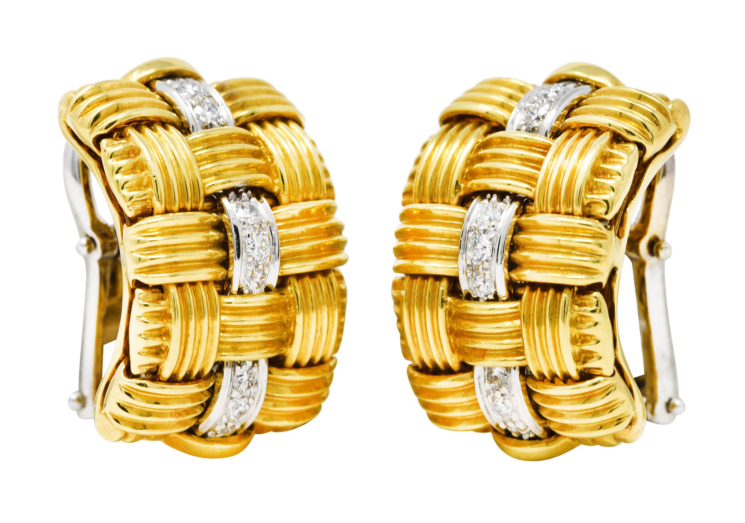 1990's Roberto Coin Diamond 18 Karat Two-Tone Gold Appassionata Vintage Half-Hoop Earrings Wilson's Estate Jewelry