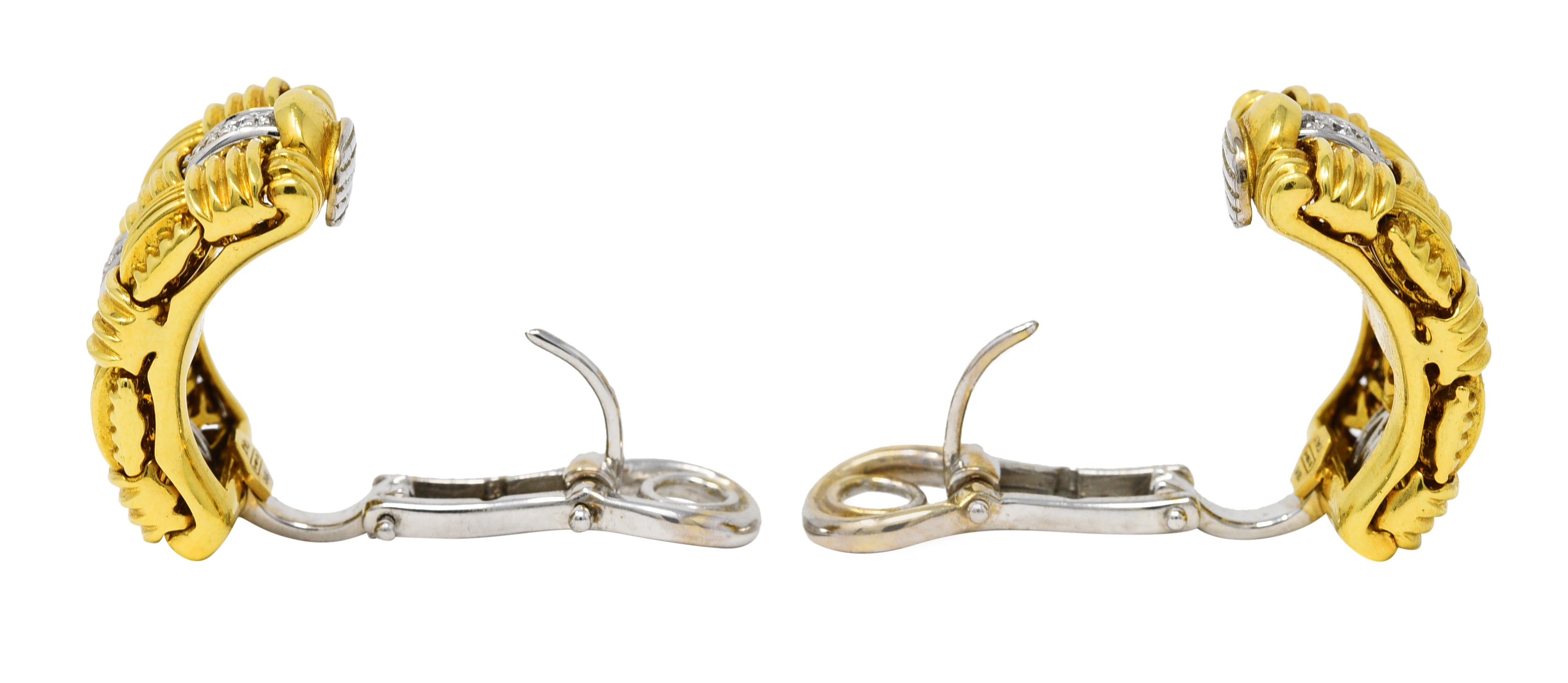 1990's Roberto Coin Diamond 18 Karat Two-Tone Gold Appassionata Vintage Half-Hoop Earrings Wilson's Estate Jewelry