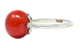 French 1920's Art Deco Carved Coral 18 Karat White Gold Ball RingRing - Wilson's Estate Jewelry