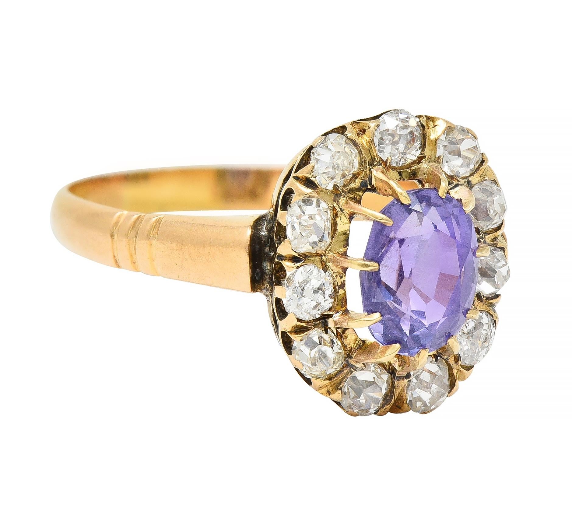 Victorian 1.78 CTW No Heat Ceylon Purple Sapphire 18 Karat Yellow Gold Halo Ring