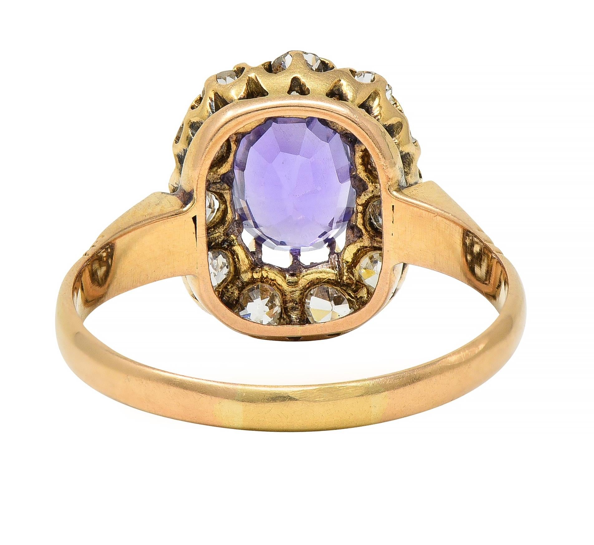 Victorian 1.78 CTW No Heat Ceylon Purple Sapphire 18 Karat Yellow Gold Halo Ring