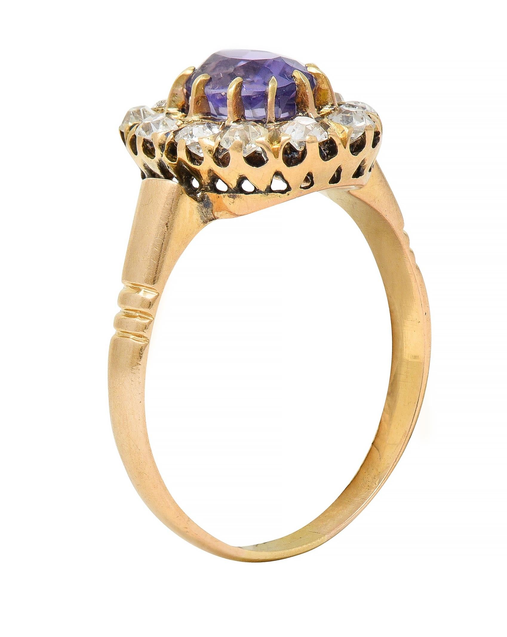 Victorian 1.78 CTW No Heat Ceylon Purple Sapphire 18 Karat Yellow Gold Halo Ring