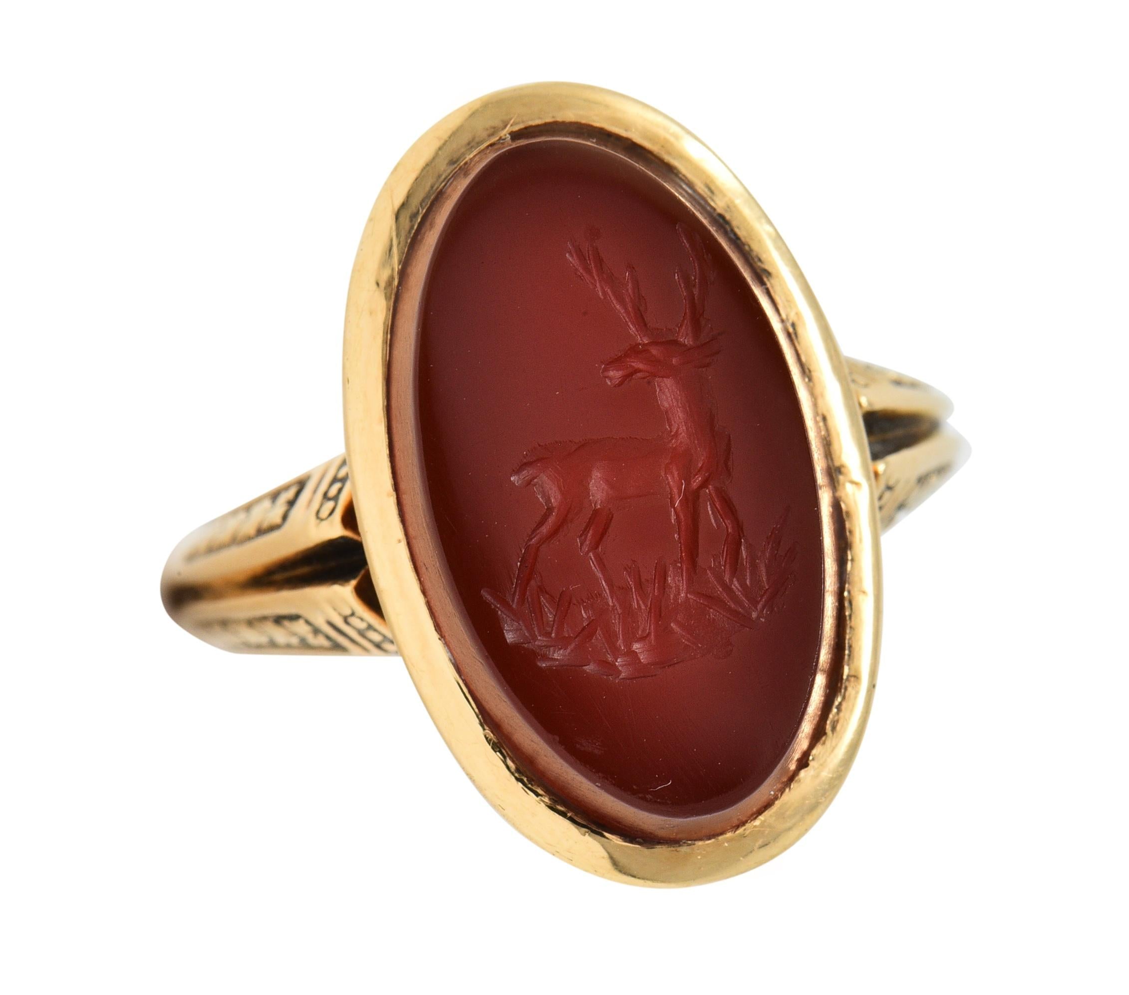 Victorian Carnelian 18K Yellow Gold Stag Deer Intaglio Antique Signet Ring