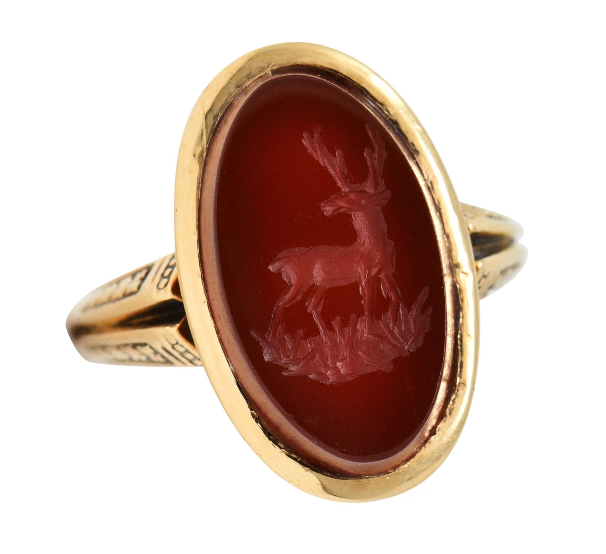 Victorian Carnelian 18K Yellow Gold Stag Deer Intaglio Antique Signet Ring