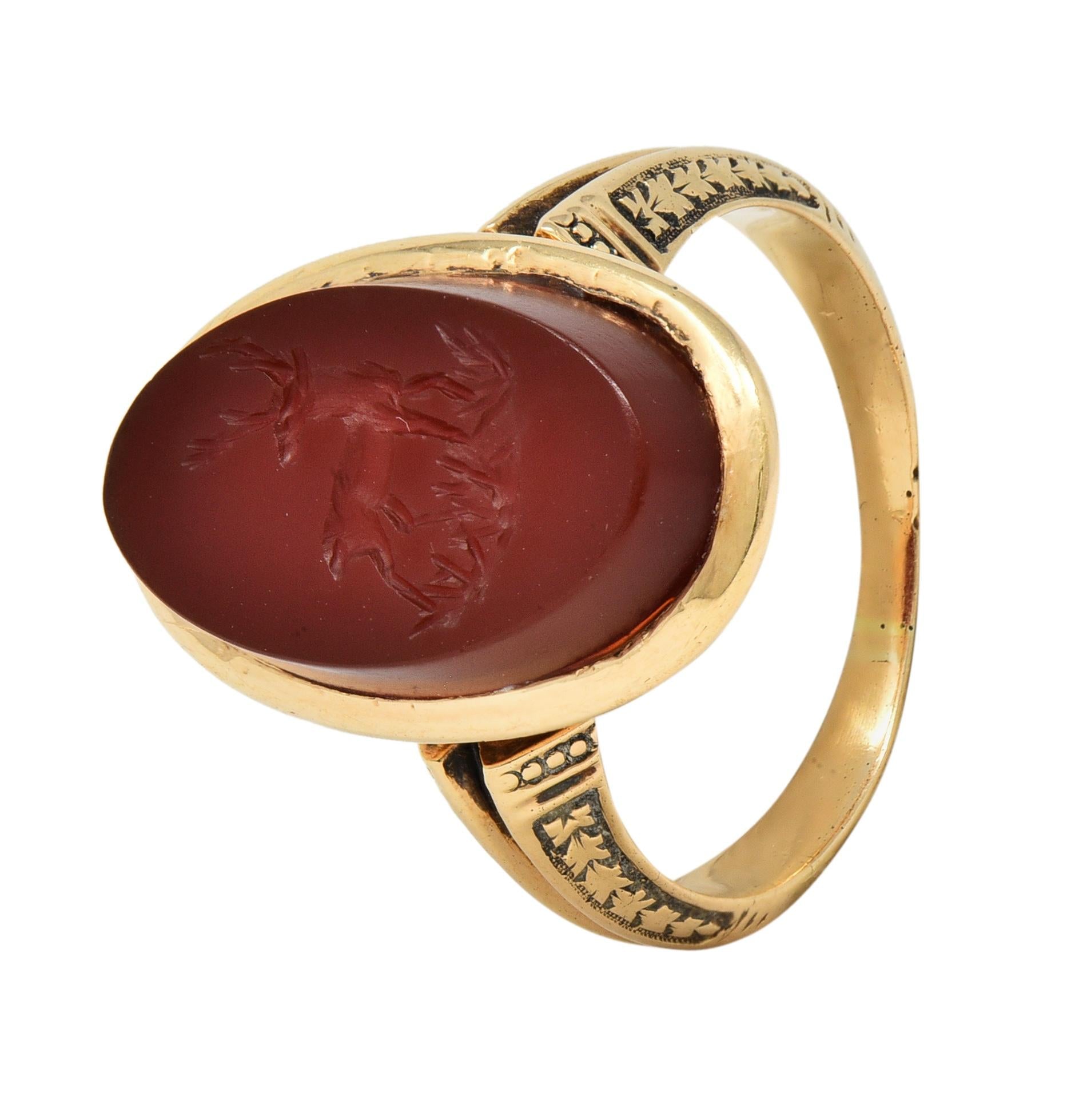 Victorian Carnelian 18K Yellow Gold Stag Deer Intaglio Antique Signet Ring