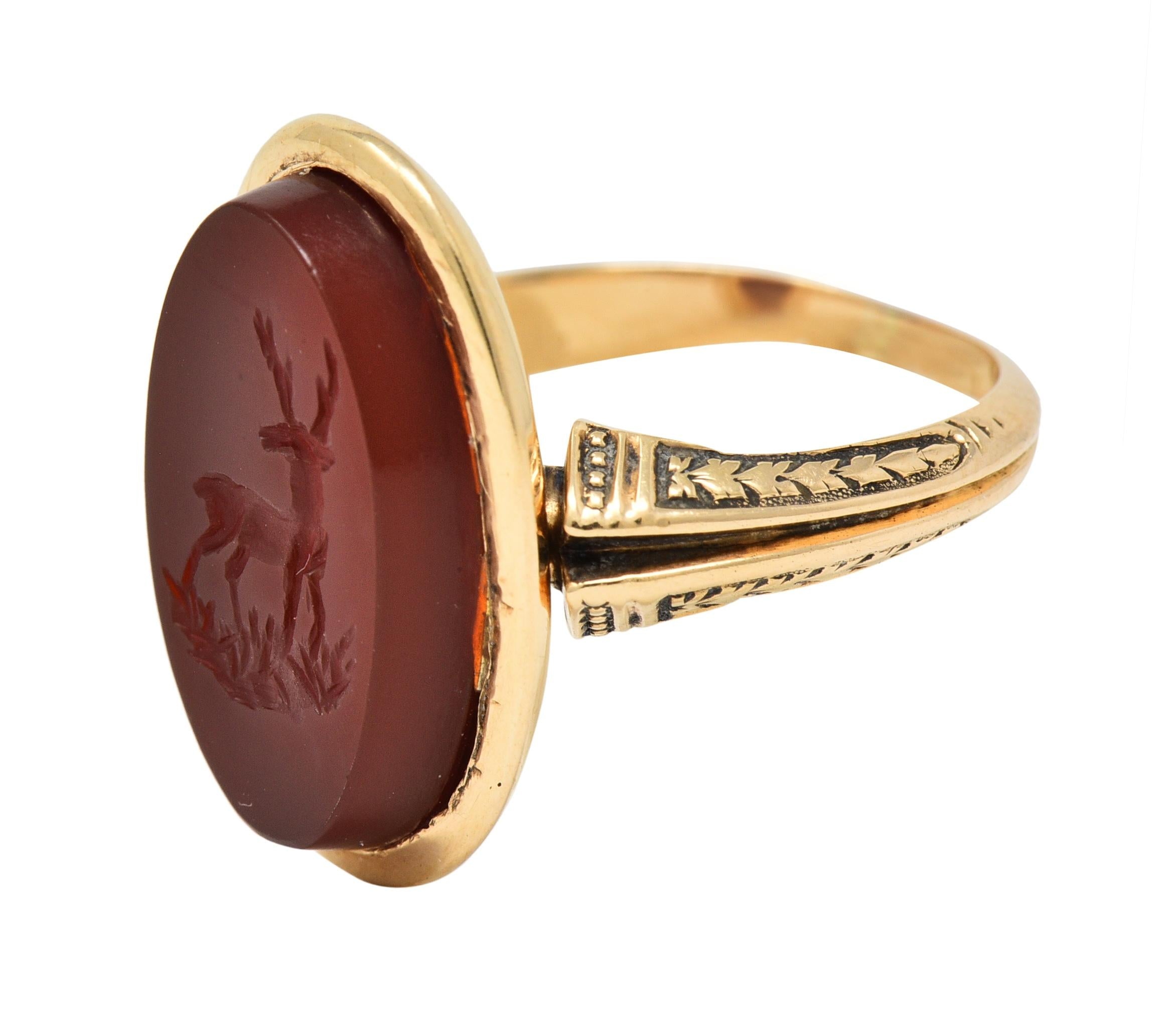 Victorian Carnelian 18K Yellow Gold Stag Deer Intaglio Antique Signet Ring