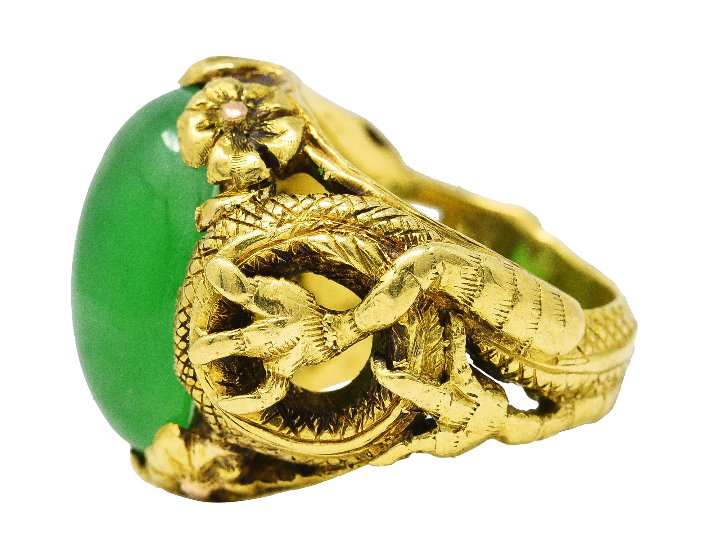 Art Nouveau Jadeite Jade Ruby 18 Karat Yellow Gold Dragon Antique Ring GIA Wilson's Estate Jewelry