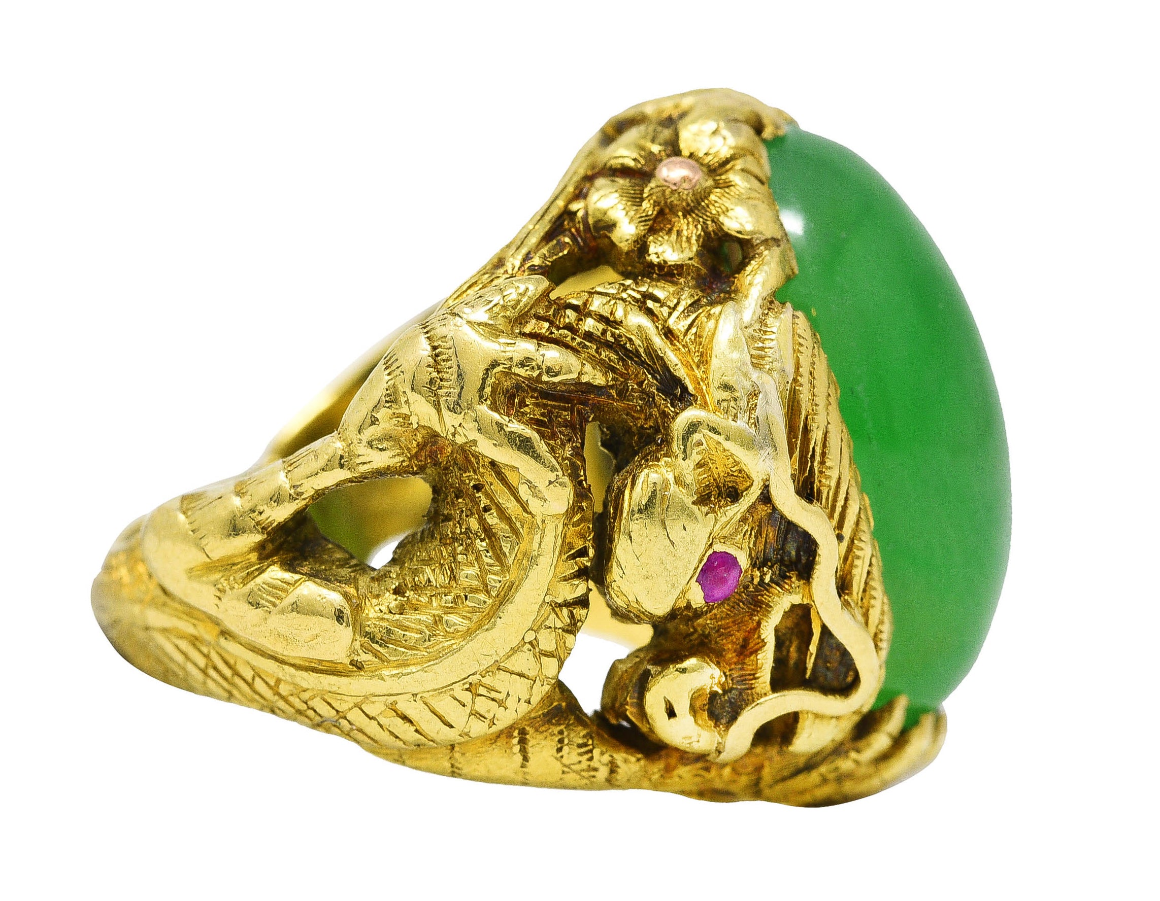 Art Nouveau Jadeite Jade Ruby 18 Karat Yellow Gold Dragon Antique Ring GIA Wilson's Estate Jewelry