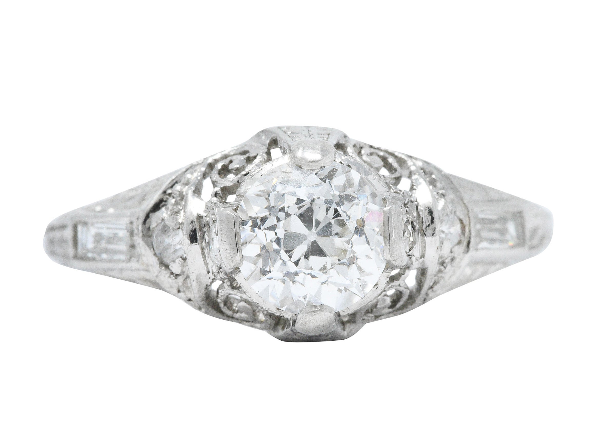 Art Deco 1.09 CTW Diamond Platinum Scrolled Volute Engagement Ring GIARing - Wilson's Estate Jewelry