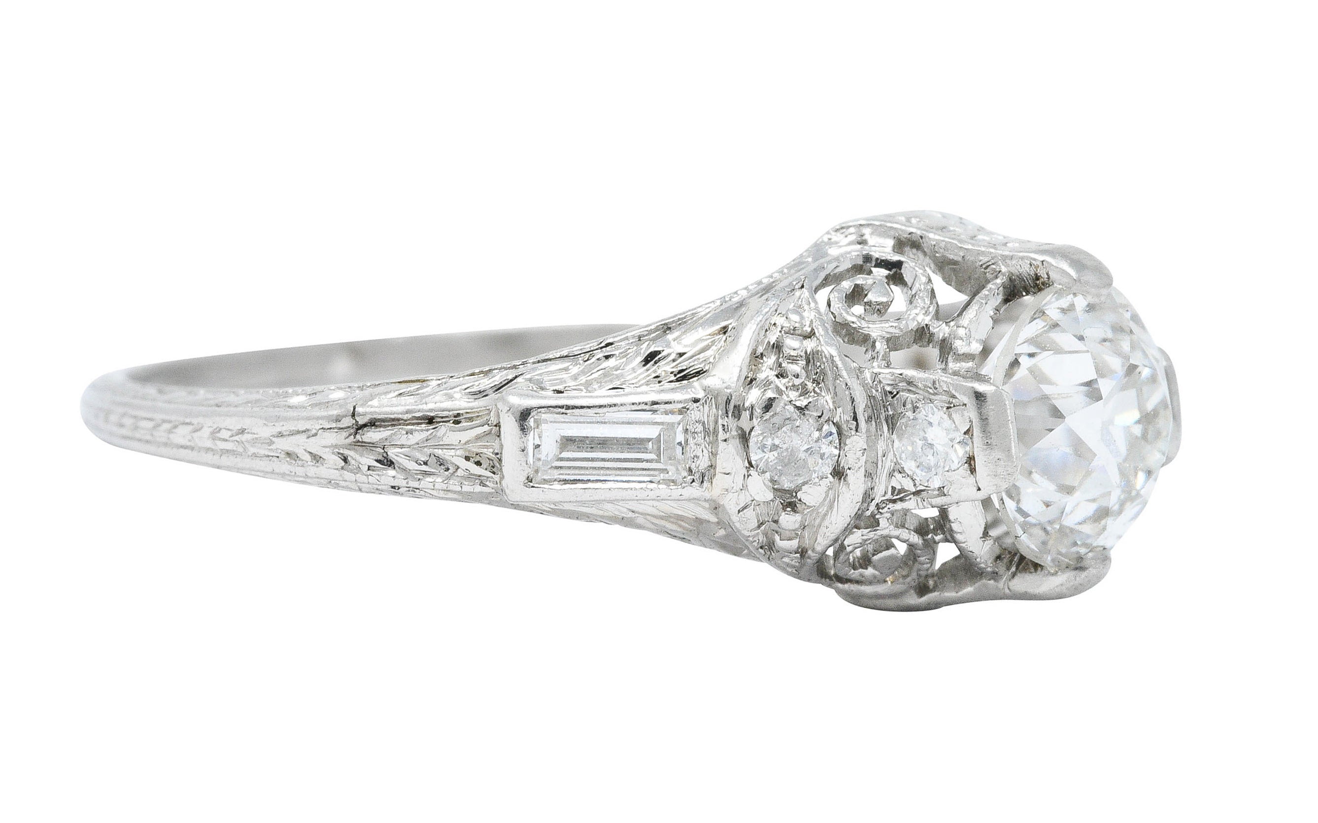 Art Deco 1.09 CTW Diamond Platinum Scrolled Volute Engagement Ring GIARing - Wilson's Estate Jewelry