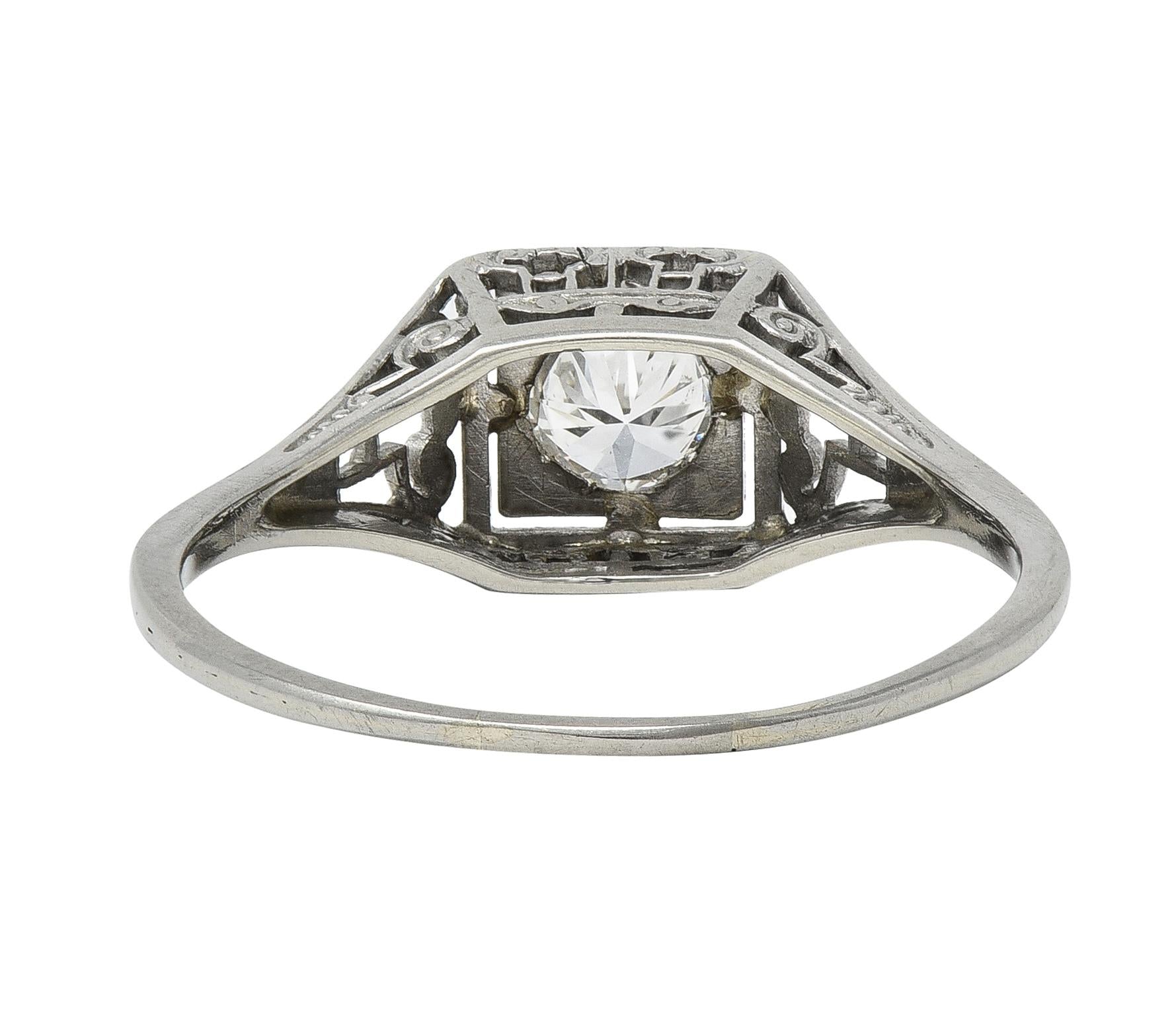 Art Deco Old European Diamond 14 Karat White Gold Column Engagement Ring