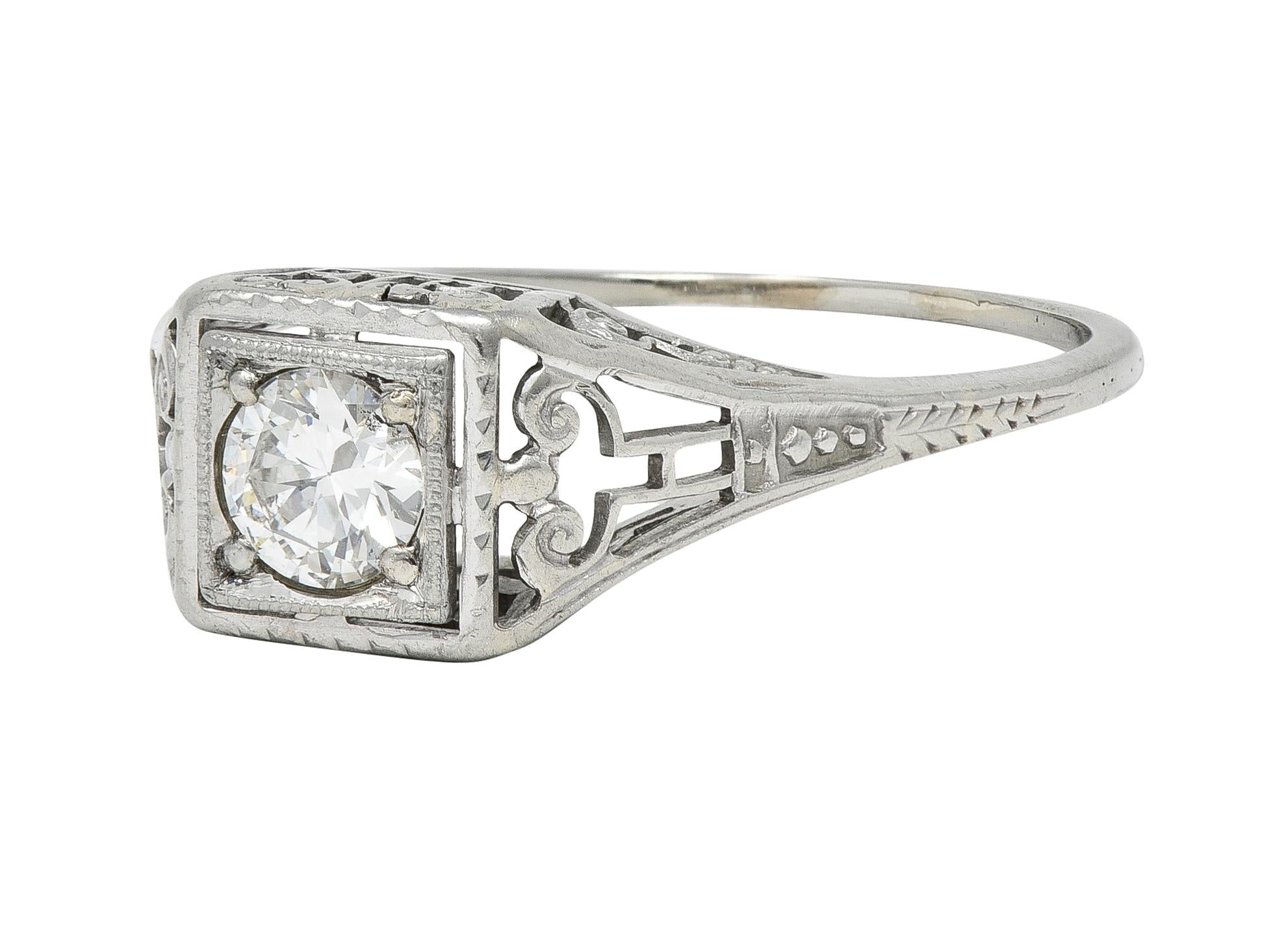 Art Deco Old European Diamond 14 Karat White Gold Column Engagement Ring