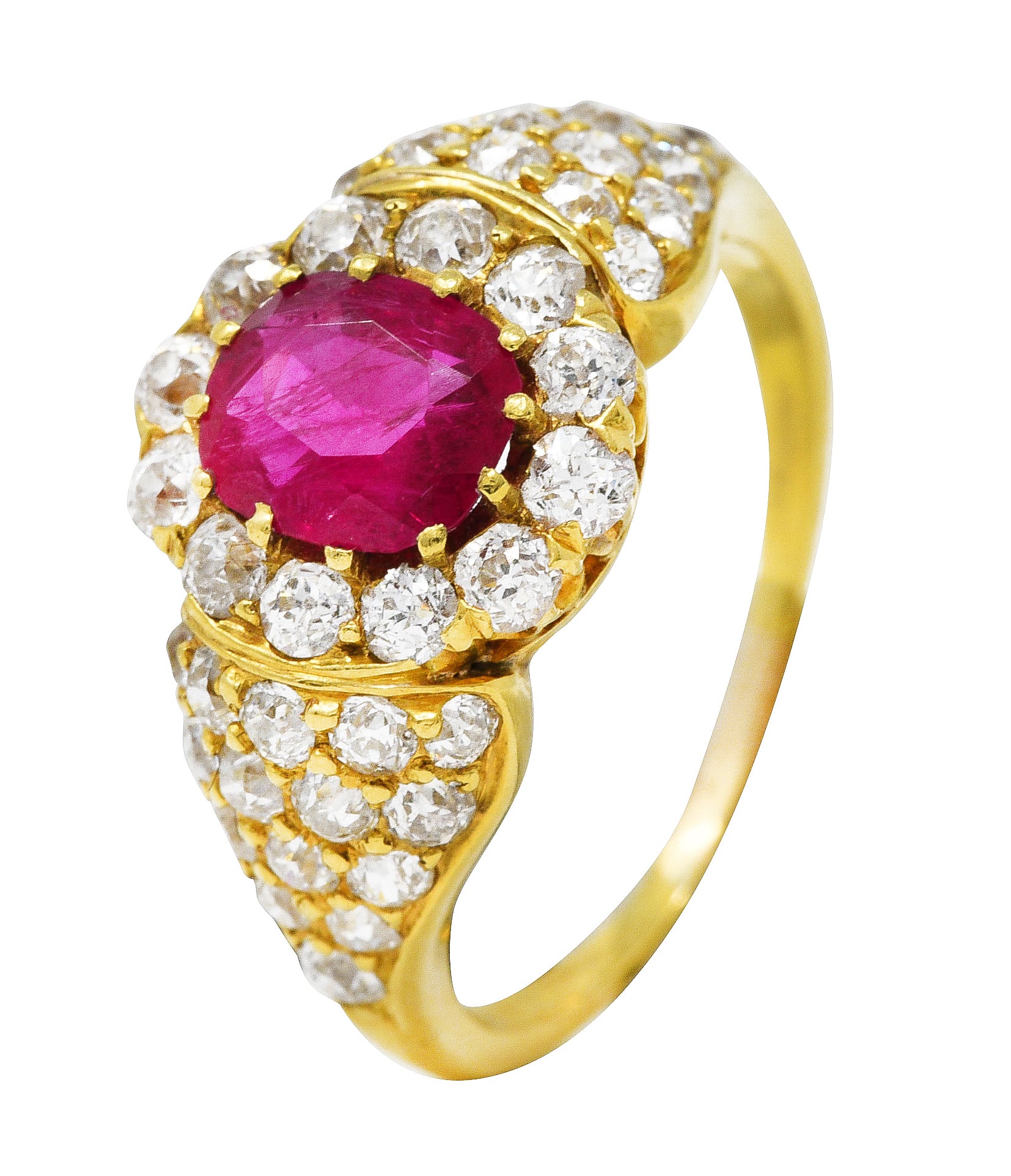 Late Victorian 2.35 CTW Ruby Diamond 18 Karat Yellow Gold Cluster Ring Wilson's Estate Jewelry