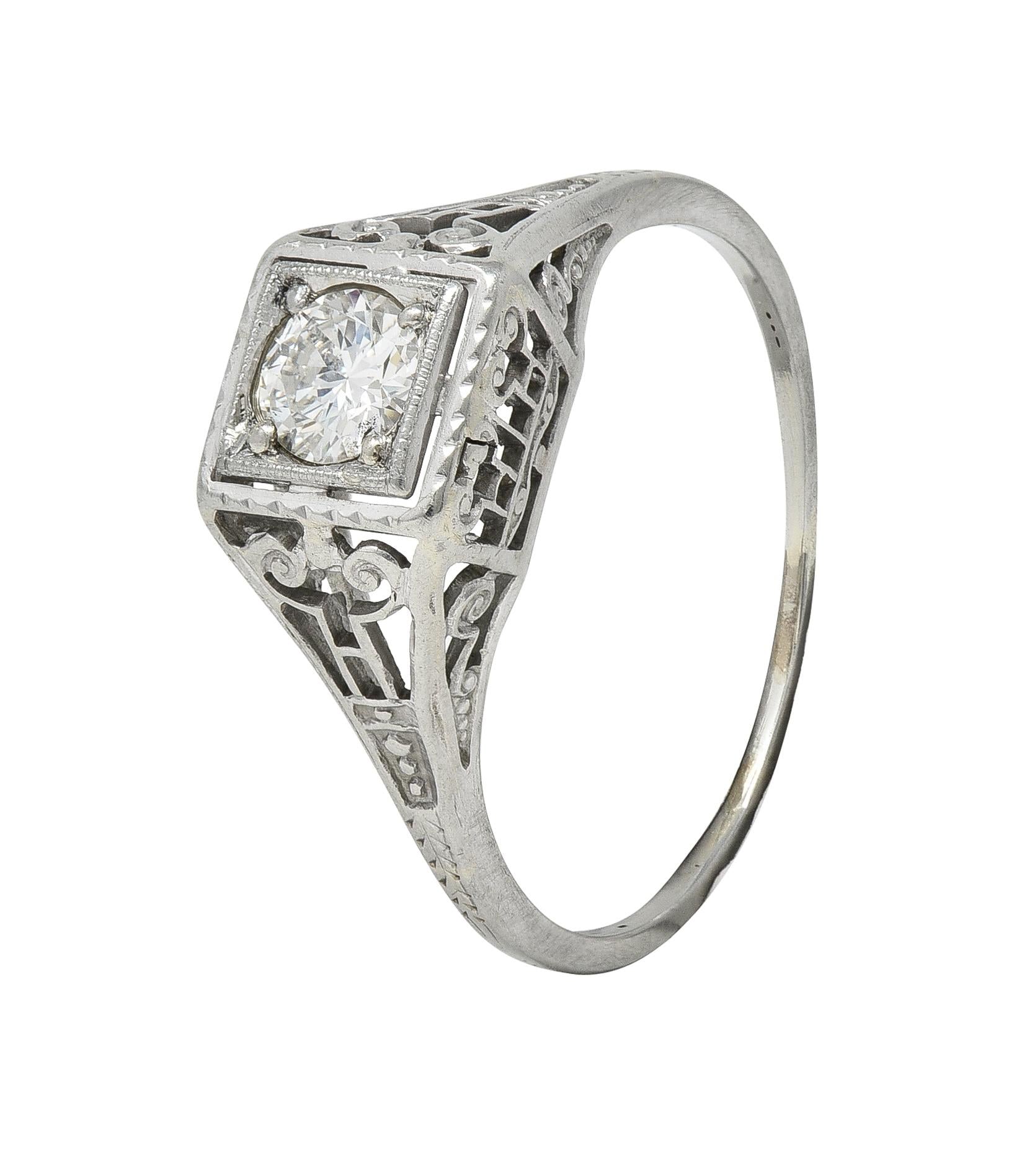 Art Deco Old European Diamond 14 Karat White Gold Column Engagement Ring