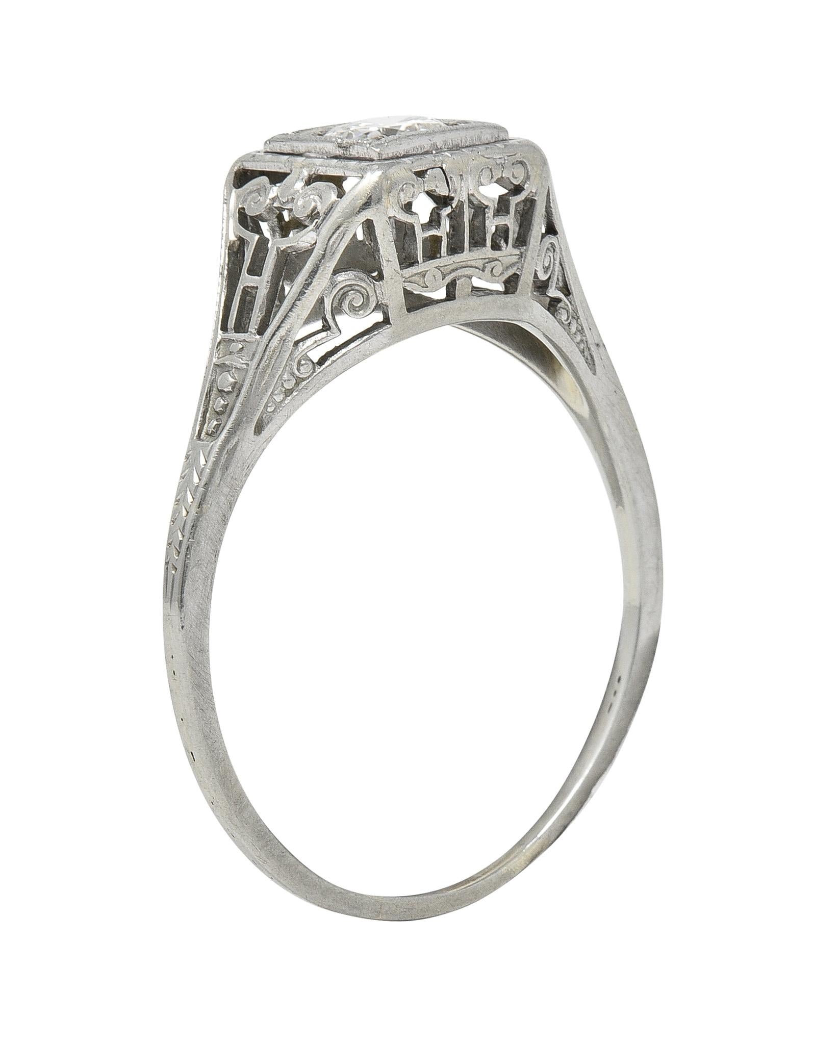 Art Deco Old European Diamond 14 Karat White Gold Column Engagement Ring