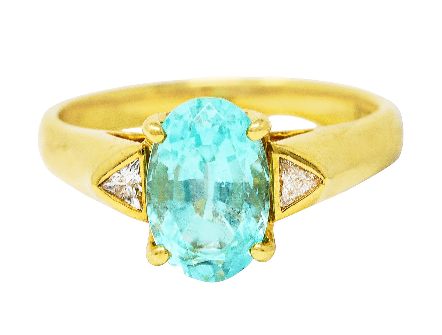 Contemporary 2.51 CTW Paraiba Tourmaline Trillion Cut Diamond 18 Karat Yellow Gold Three Stone Ring AGL Wilson's Estate Jewelry