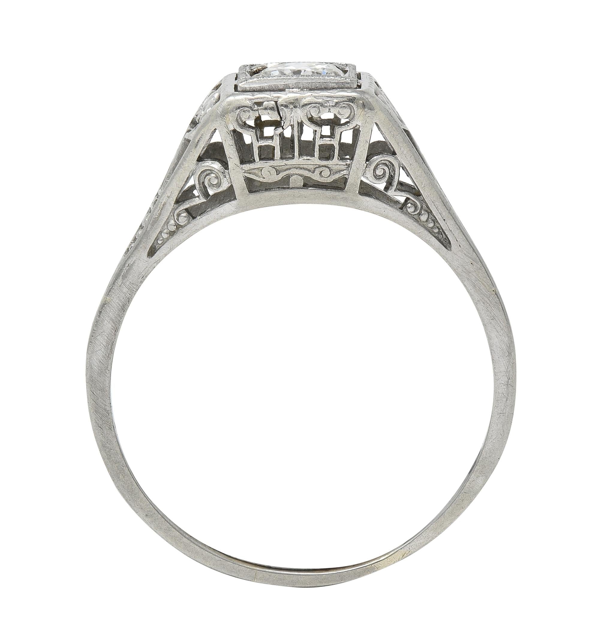 Art Deco Old European Diamond 14 Karat White Gold Column Engagement Ring