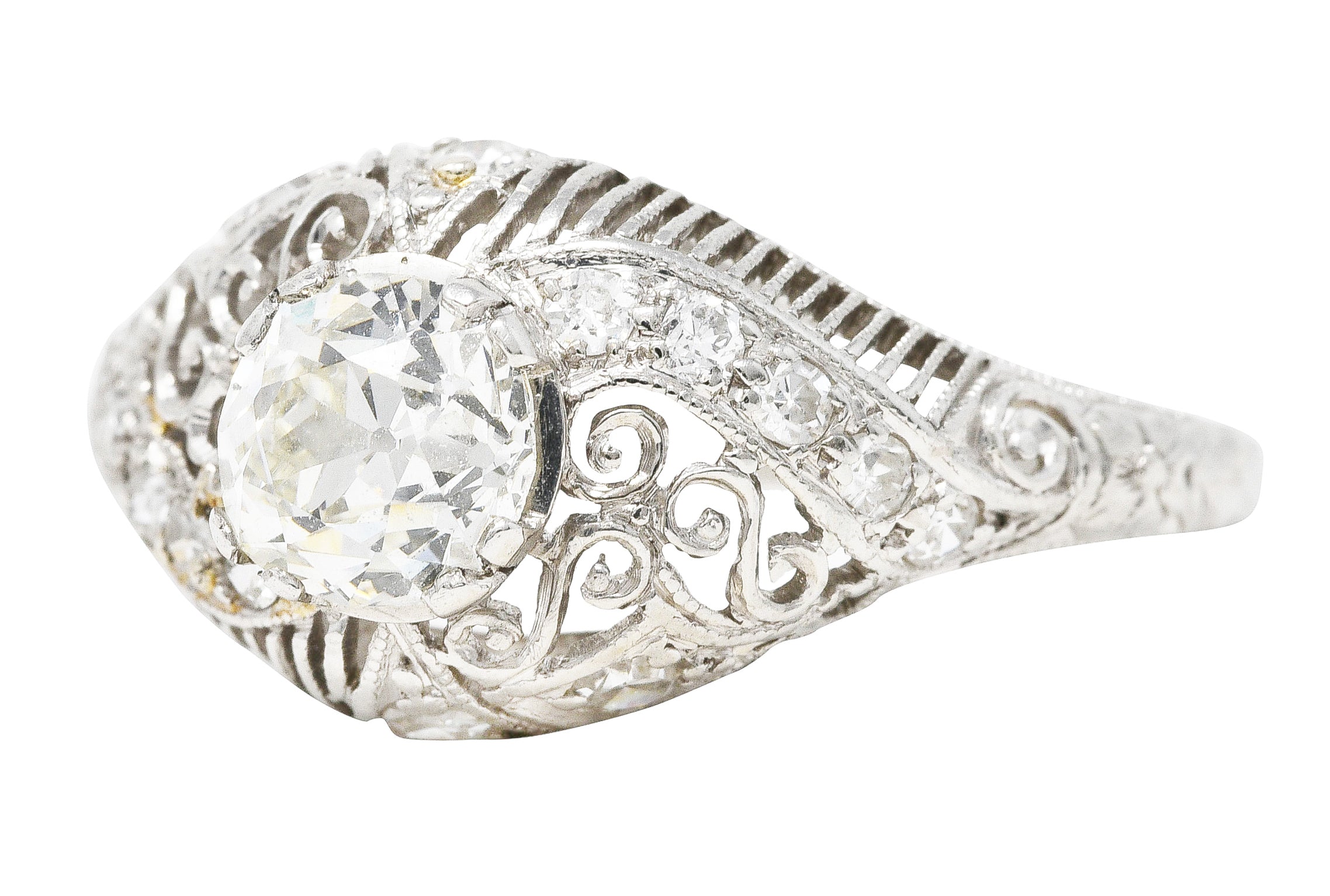 Edwardian 1.25 CTW Old Mine Diamond Platinum Scrolled Filigree Engagement Ring GIA Wilson's Estate Jewelry