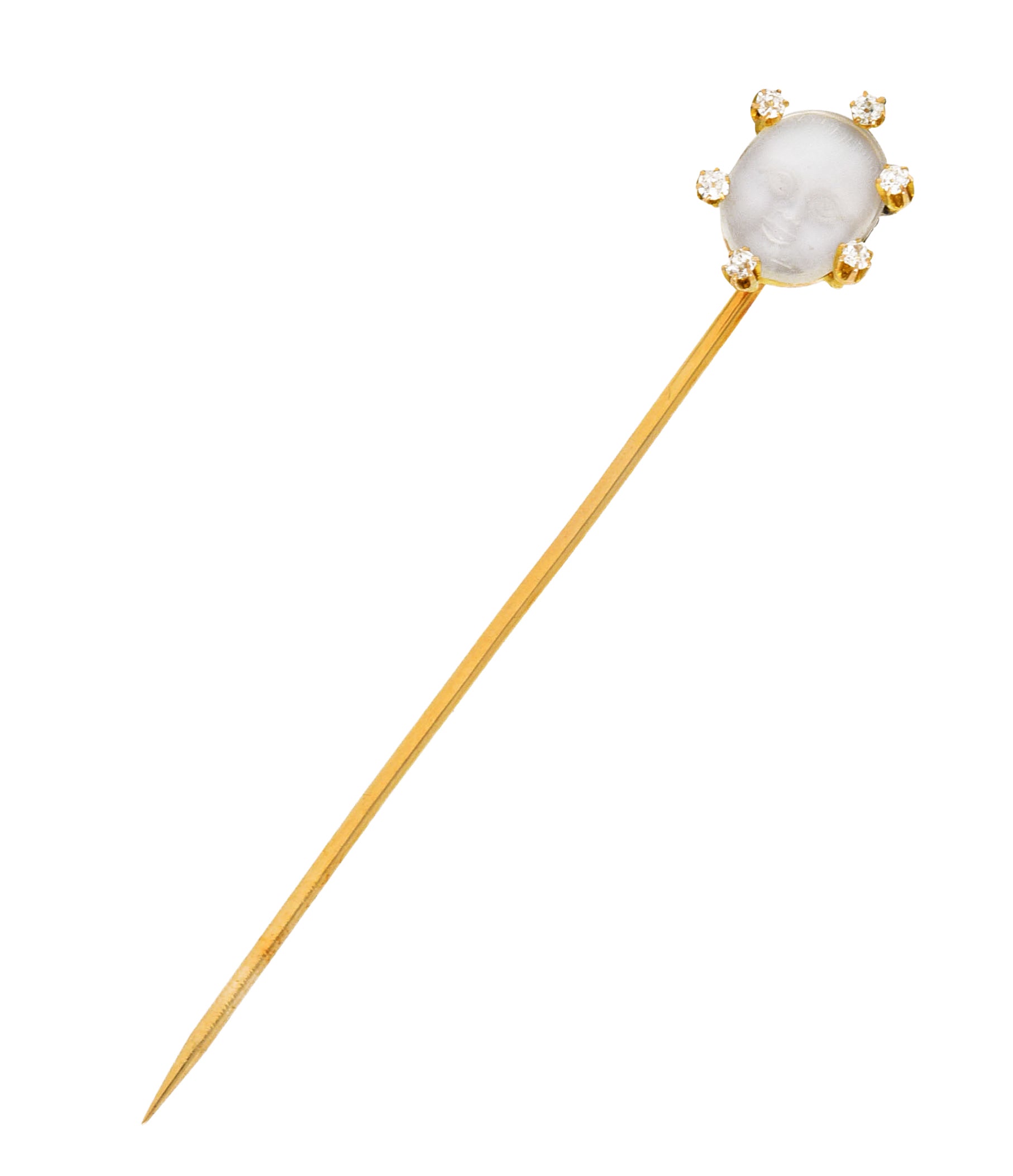 1880's Victorian Moonstone Diamond 18 Karat Yellow Gold Baby Stickpin Wilson's Estate Jewelry