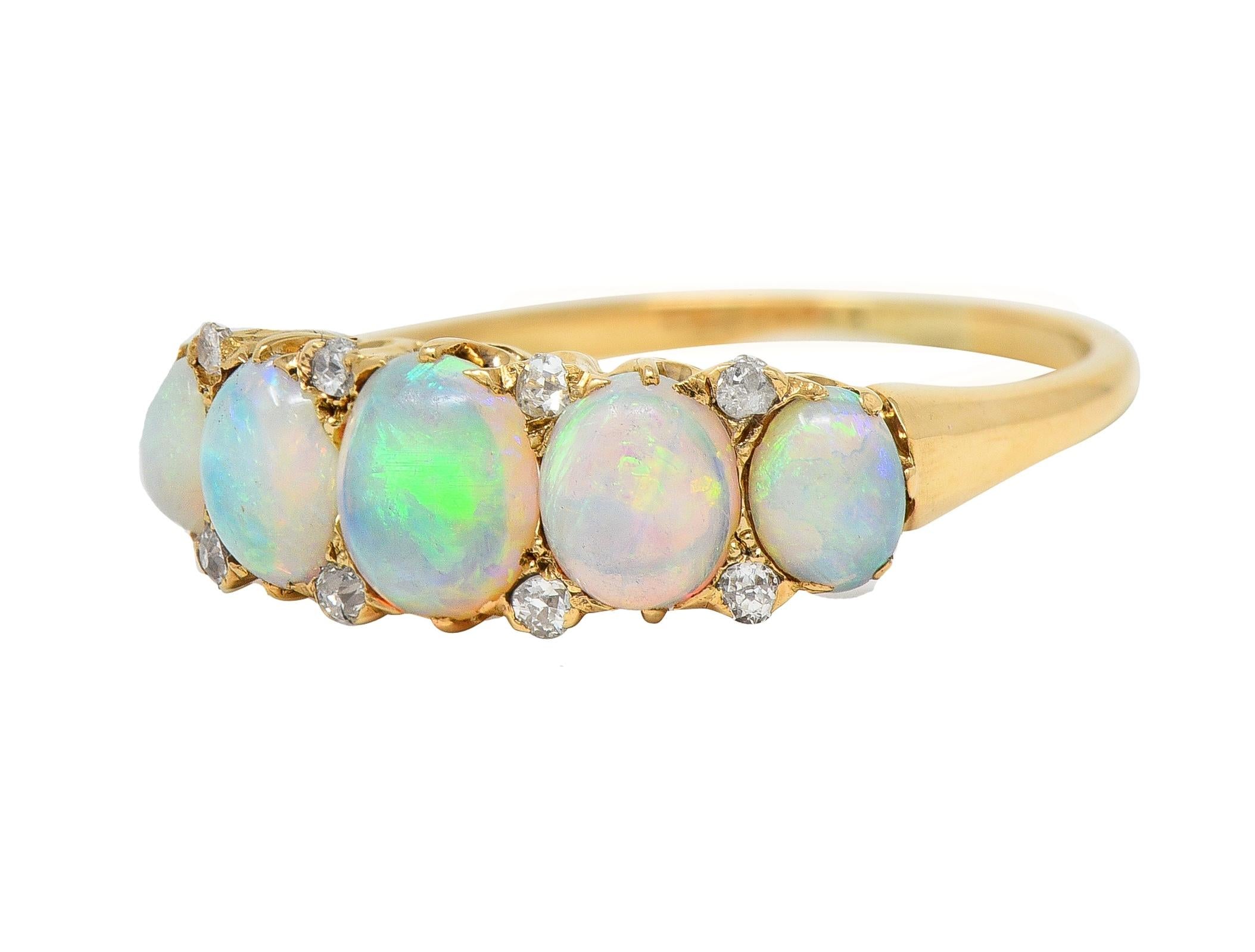 Victorian Opal Diamond 18 Karat Yellow Gold Antique Five Stone Band Ring