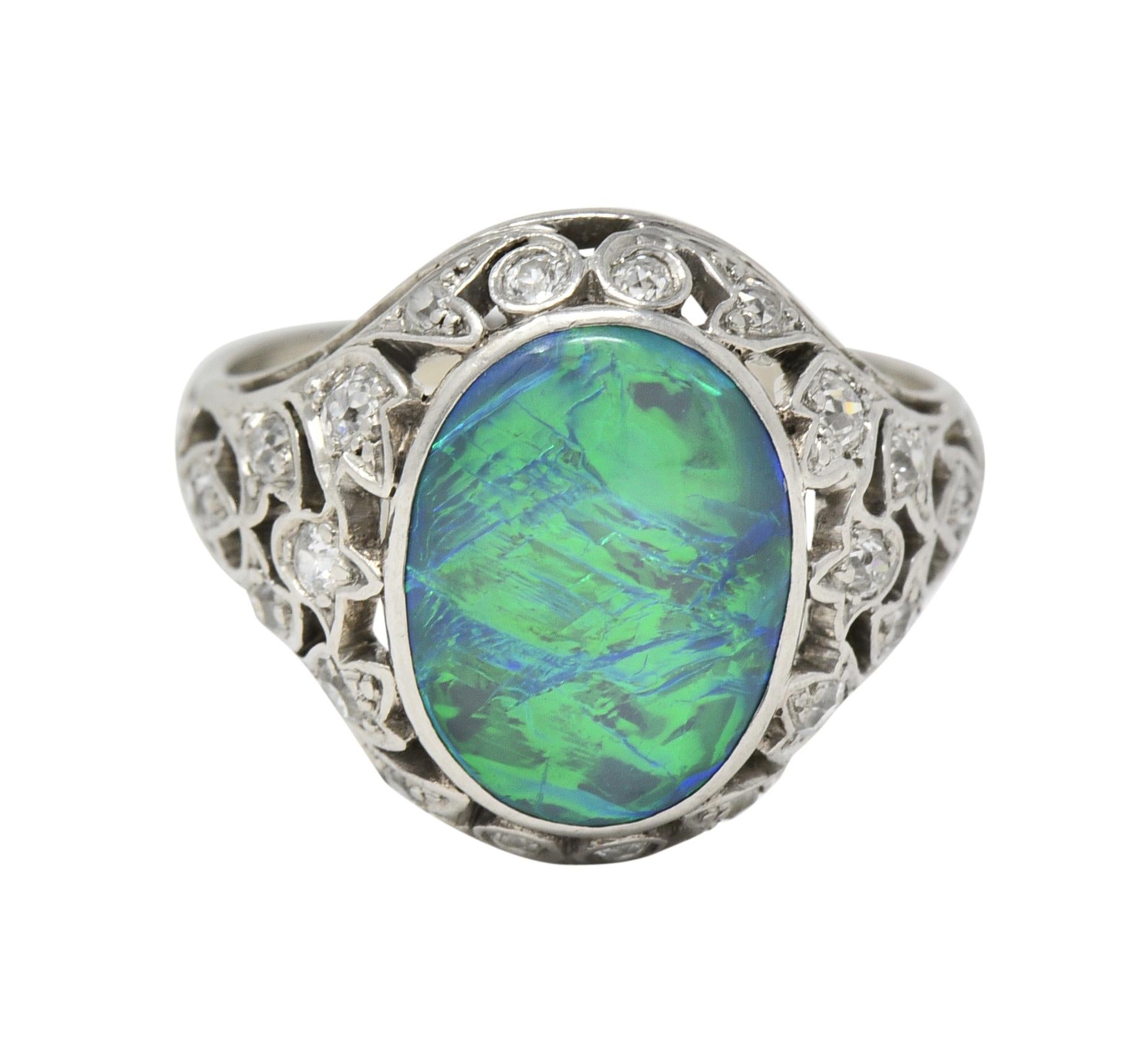 Art Deco Opal Diamond Platinum Ivy Bombé Vintage Gemstone Ring