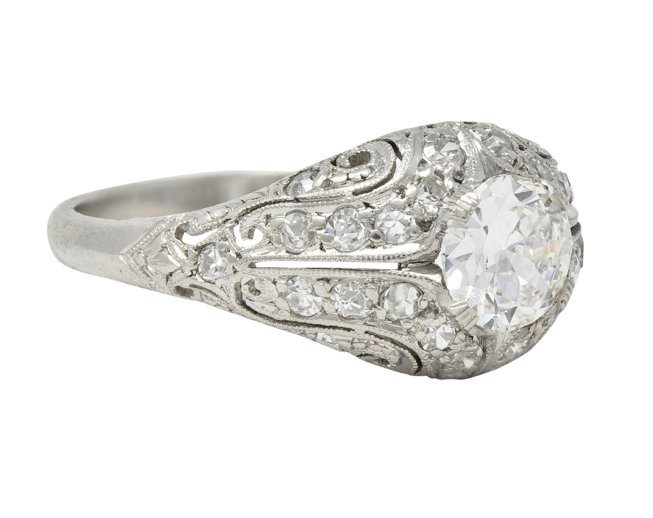 Art Deco 1.22 CTW European Diamond Platinum Scrolling Bombé Engagement Ring