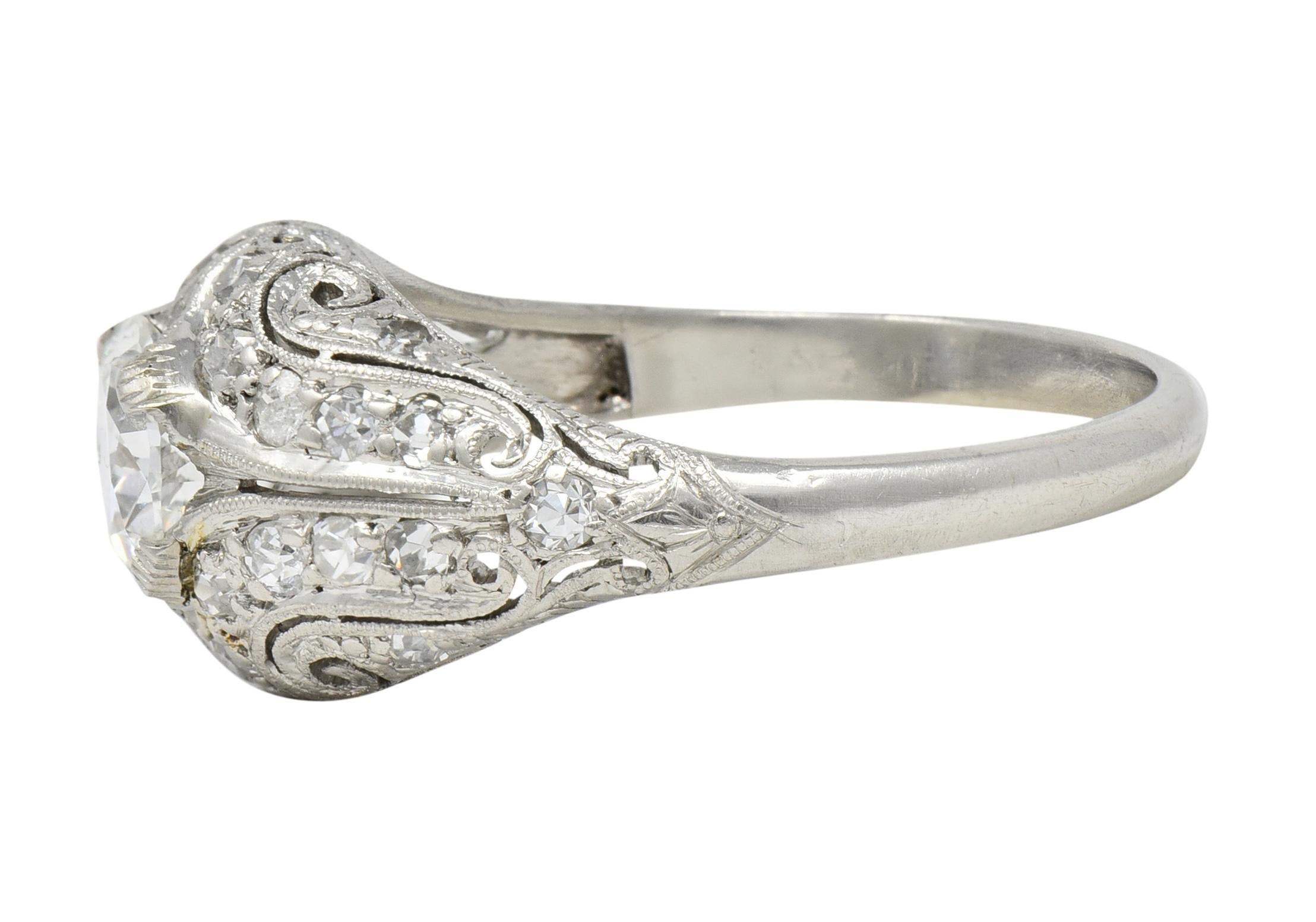 Art Deco 1.22 CTW European Diamond Platinum Scrolling Bombé Engagement Ring