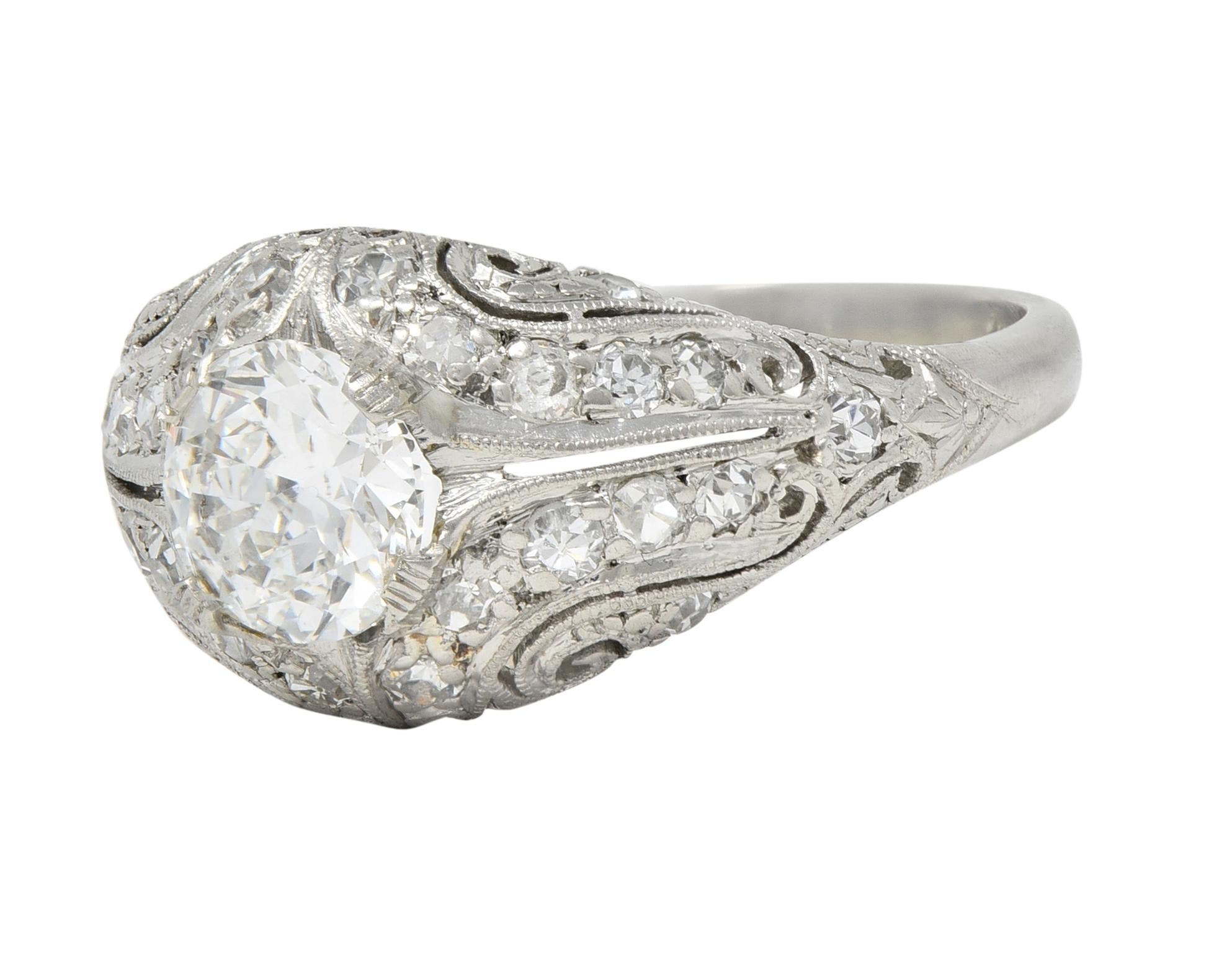 Art Deco 1.22 CTW European Diamond Platinum Scrolling Bombé Engagement Ring