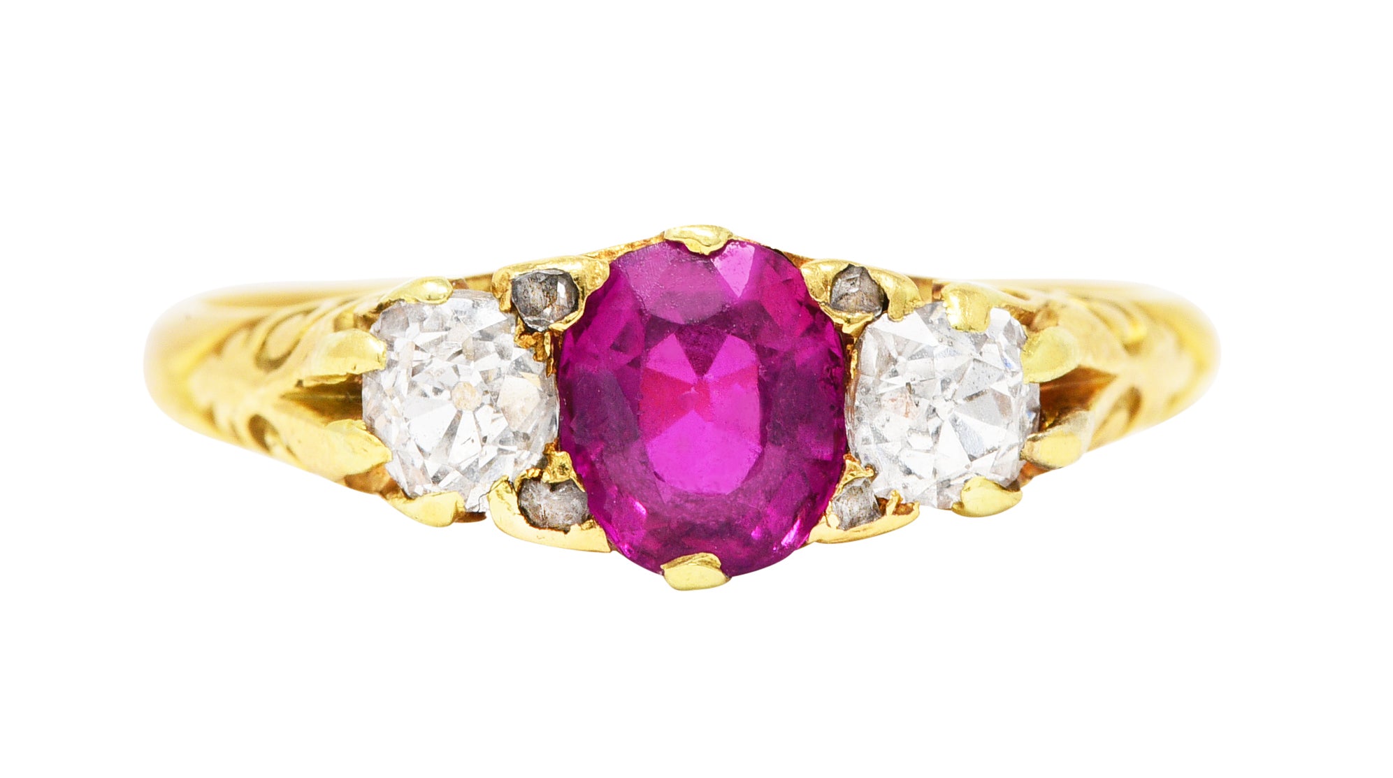 Victorian 1.64 CTW Ruby Old Mine Cut Diamond 18 Karat Yellow Gold Scrolling Three-Stone Antique Ring Wilson's Estate Jewelry