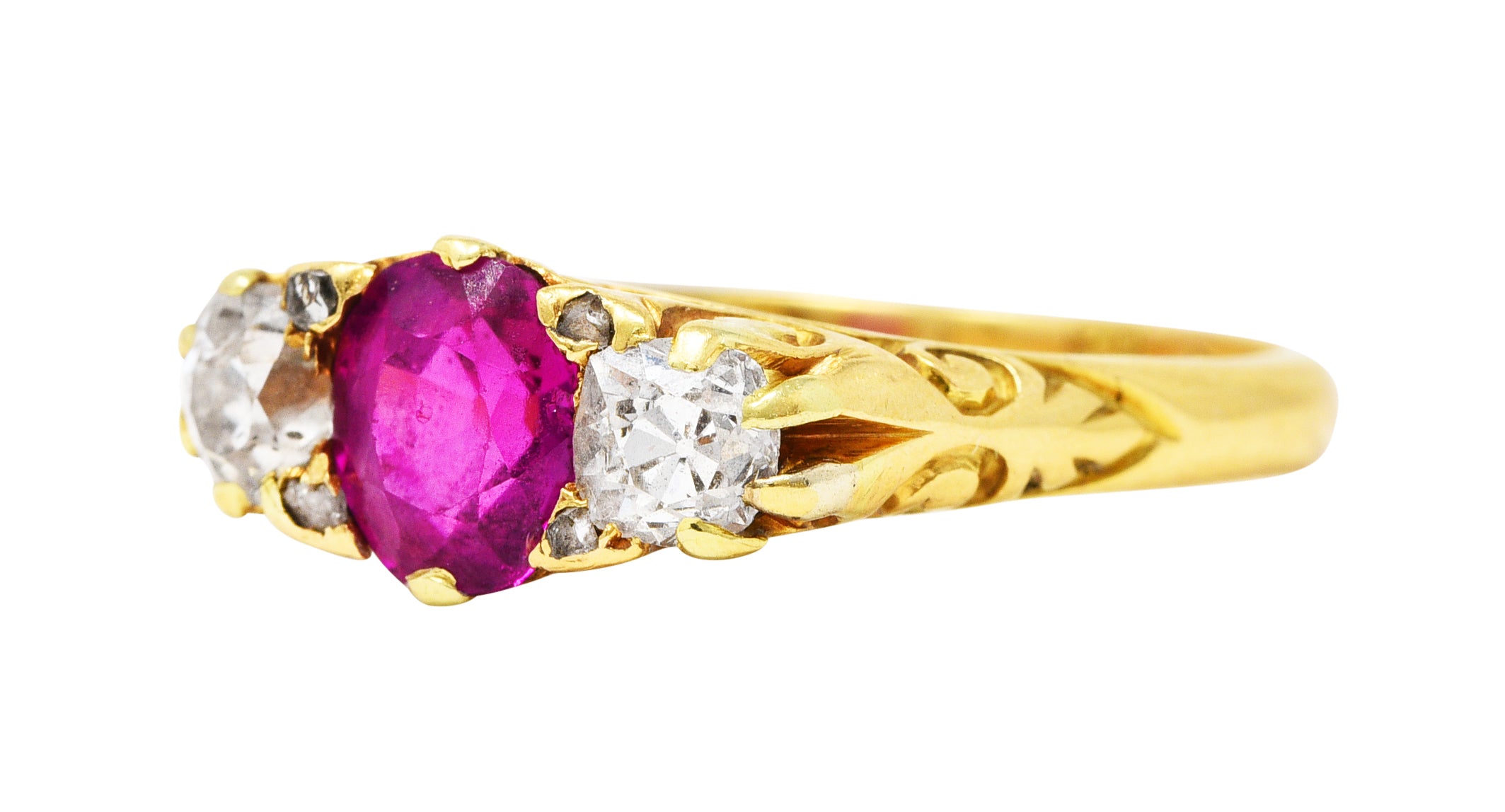 Victorian 1.64 CTW Ruby Old Mine Cut Diamond 18 Karat Yellow Gold Scrolling Three-Stone Antique Ring Wilson's Estate Jewelry