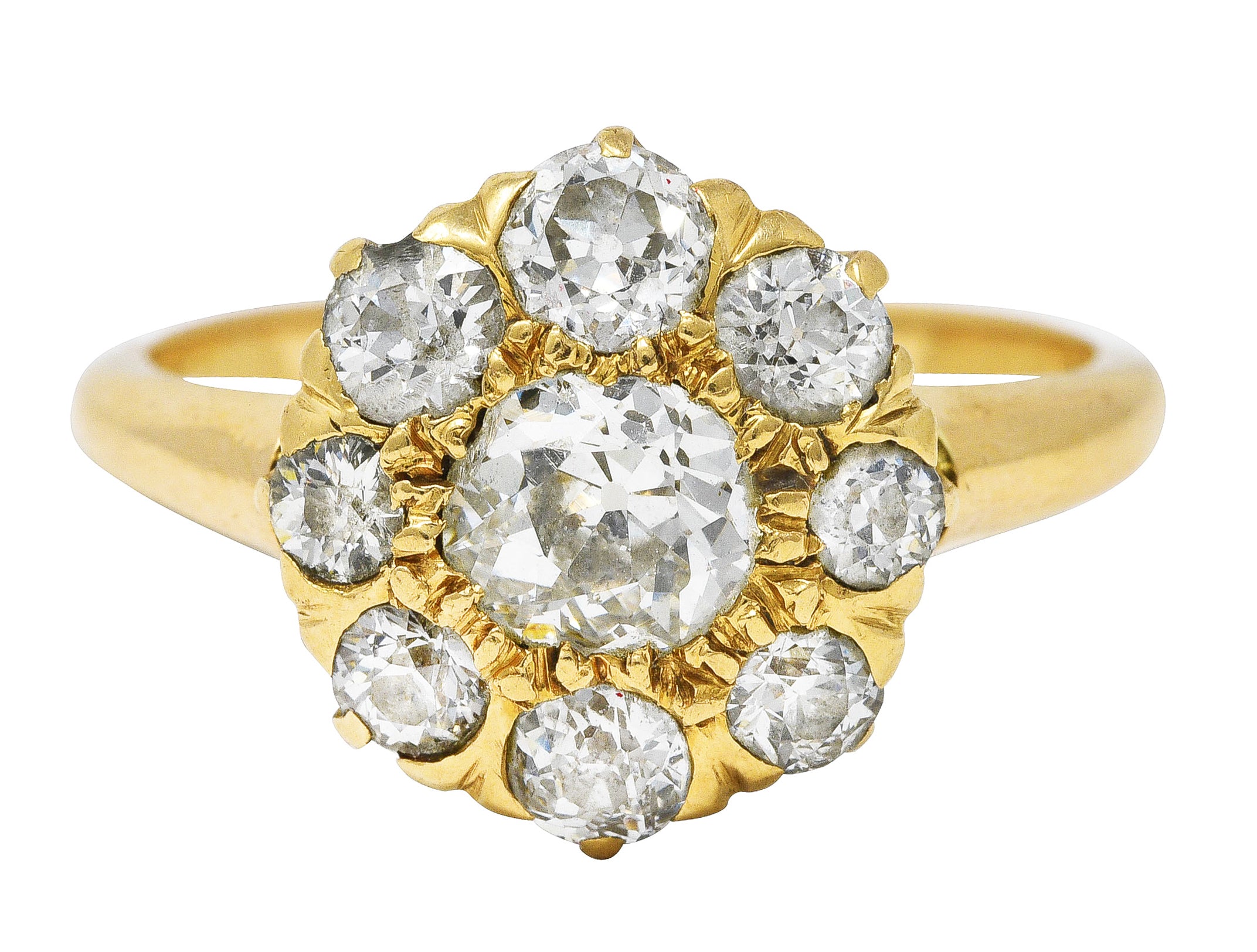 .11111 SH 1880's Victorian 1.50 CTW Old Mine Diamond 14 Karat Yellow Gold Cluster Ring Wilson's Estate Jewelry