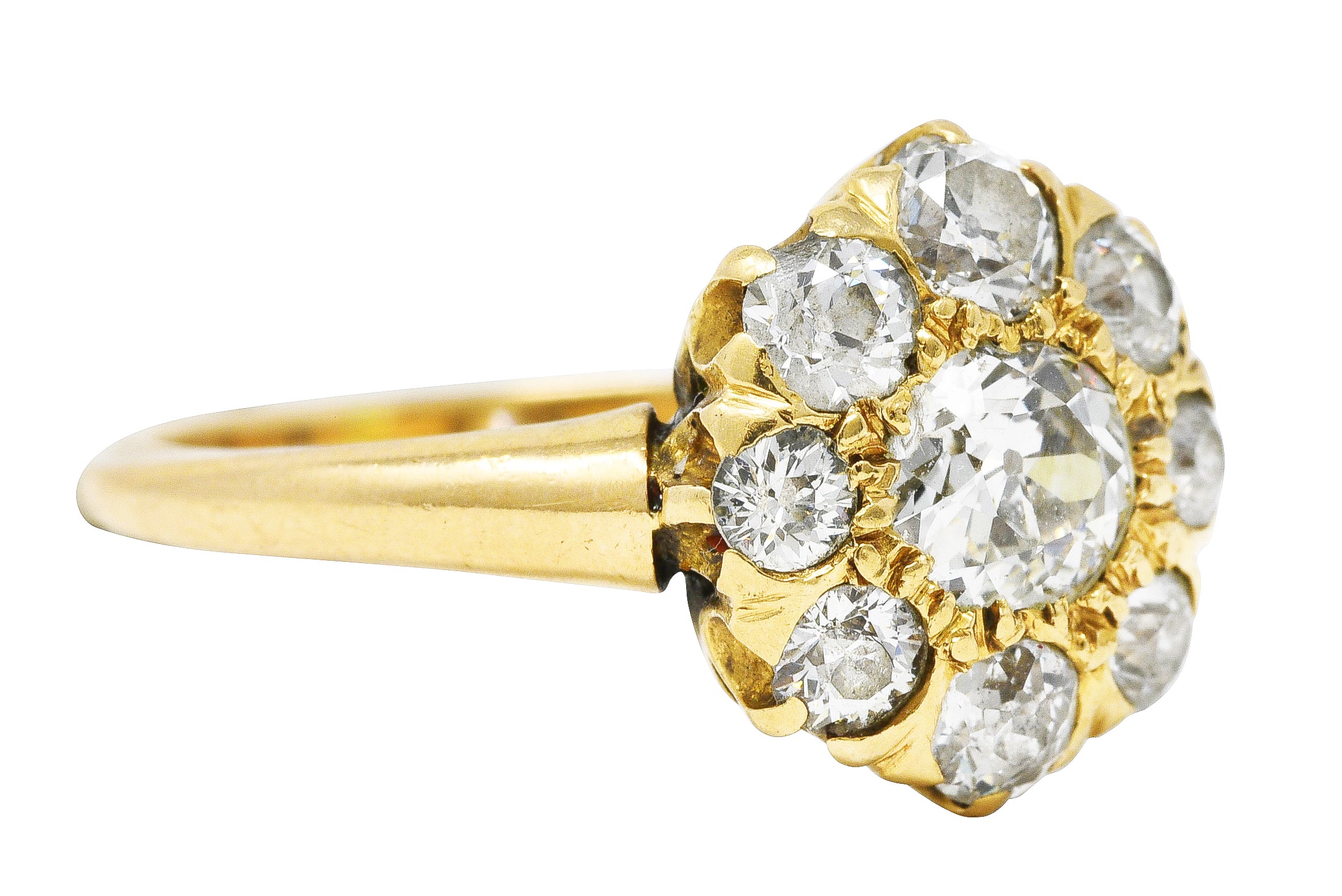 .11111 SH 1880's Victorian 1.50 CTW Old Mine Diamond 14 Karat Yellow Gold Cluster Ring Wilson's Estate Jewelry