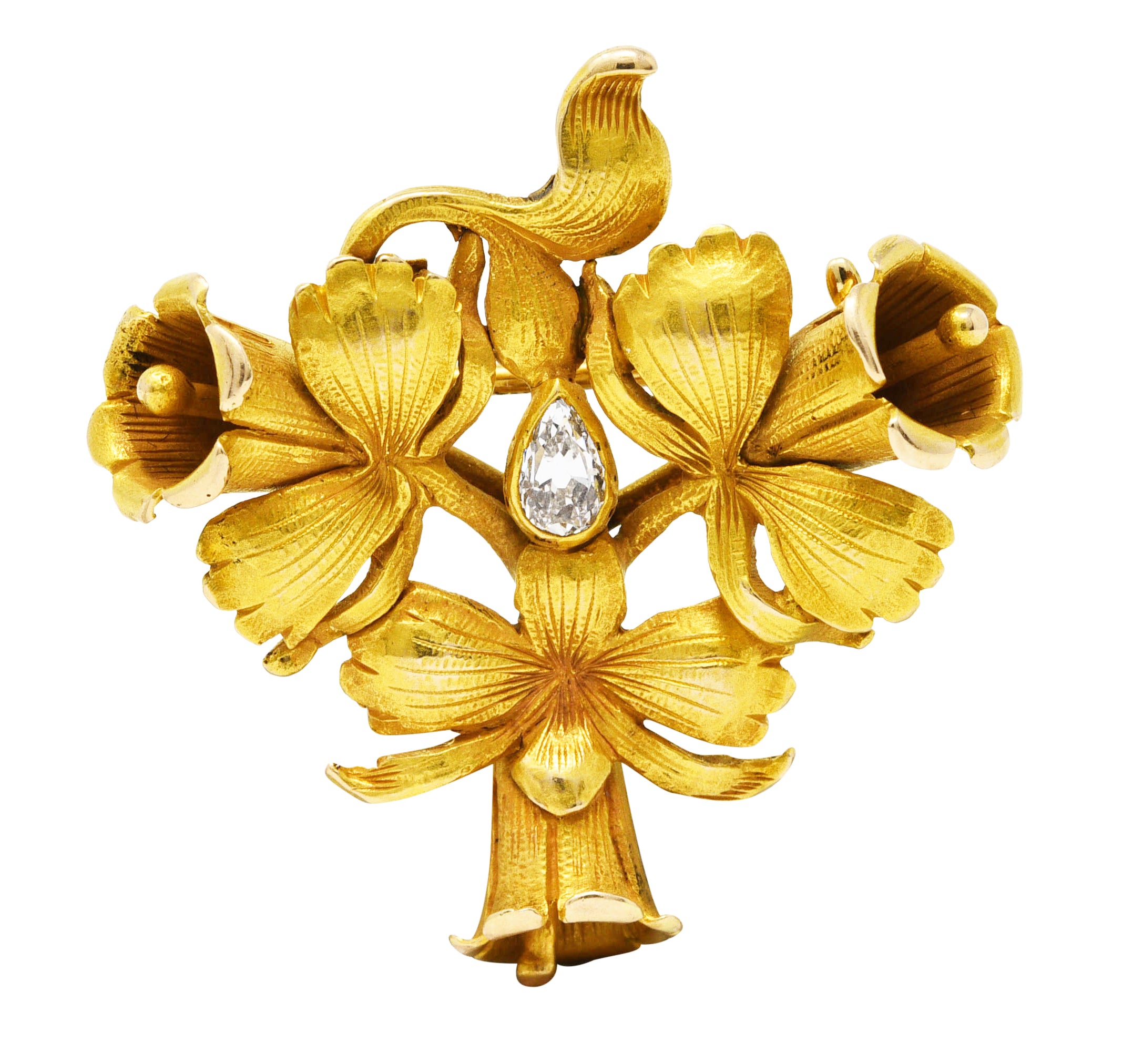 .11111 SH Art Nouveau Pear Cut Diamond 14 Karat Yellow Gold Trumpet Flower Brooch Wilson's Estate Jewelry