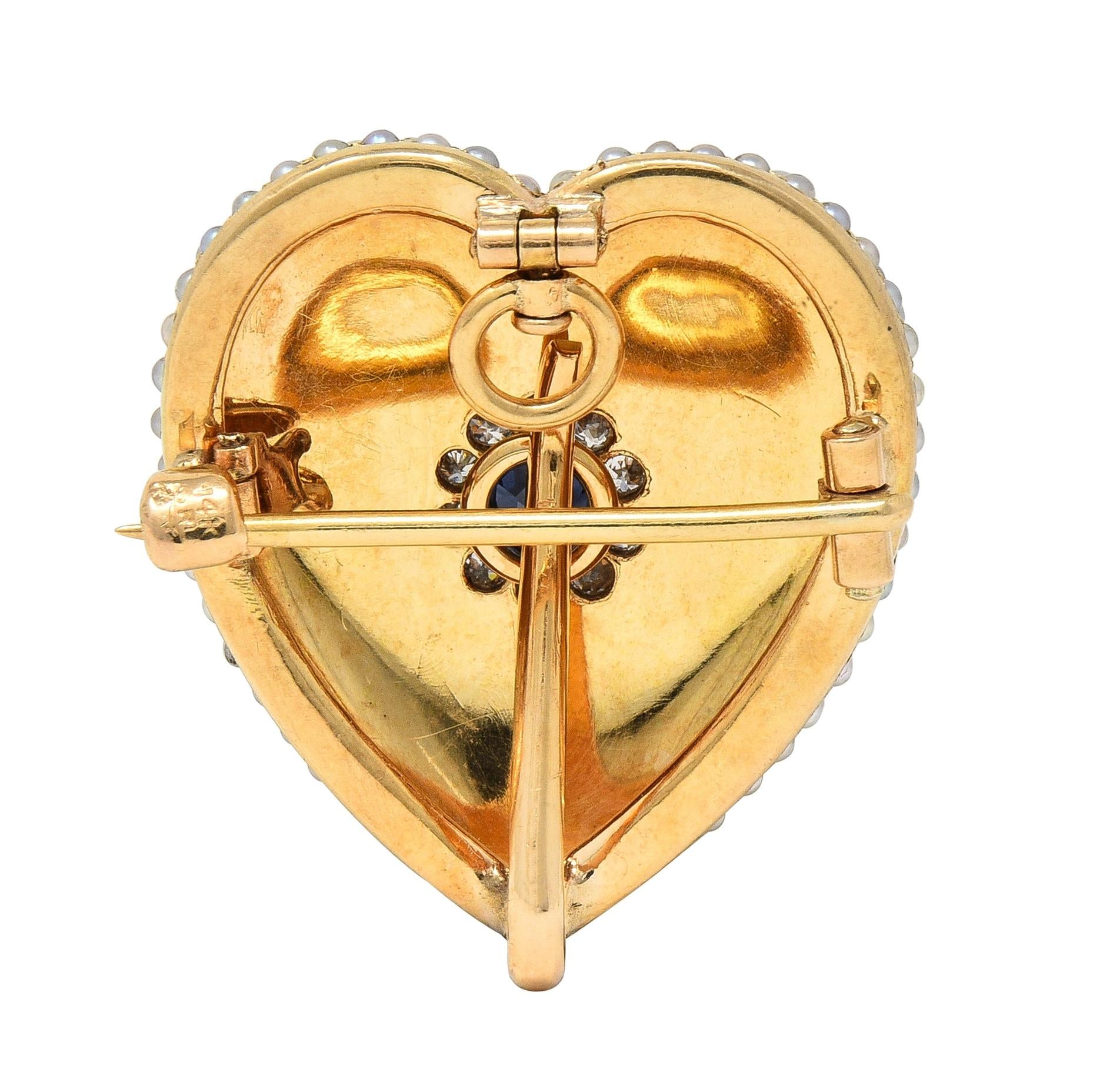 Riker Brothers Victorian Sapphire Diamond 14 Karat Gold Heart Pendant Brooch