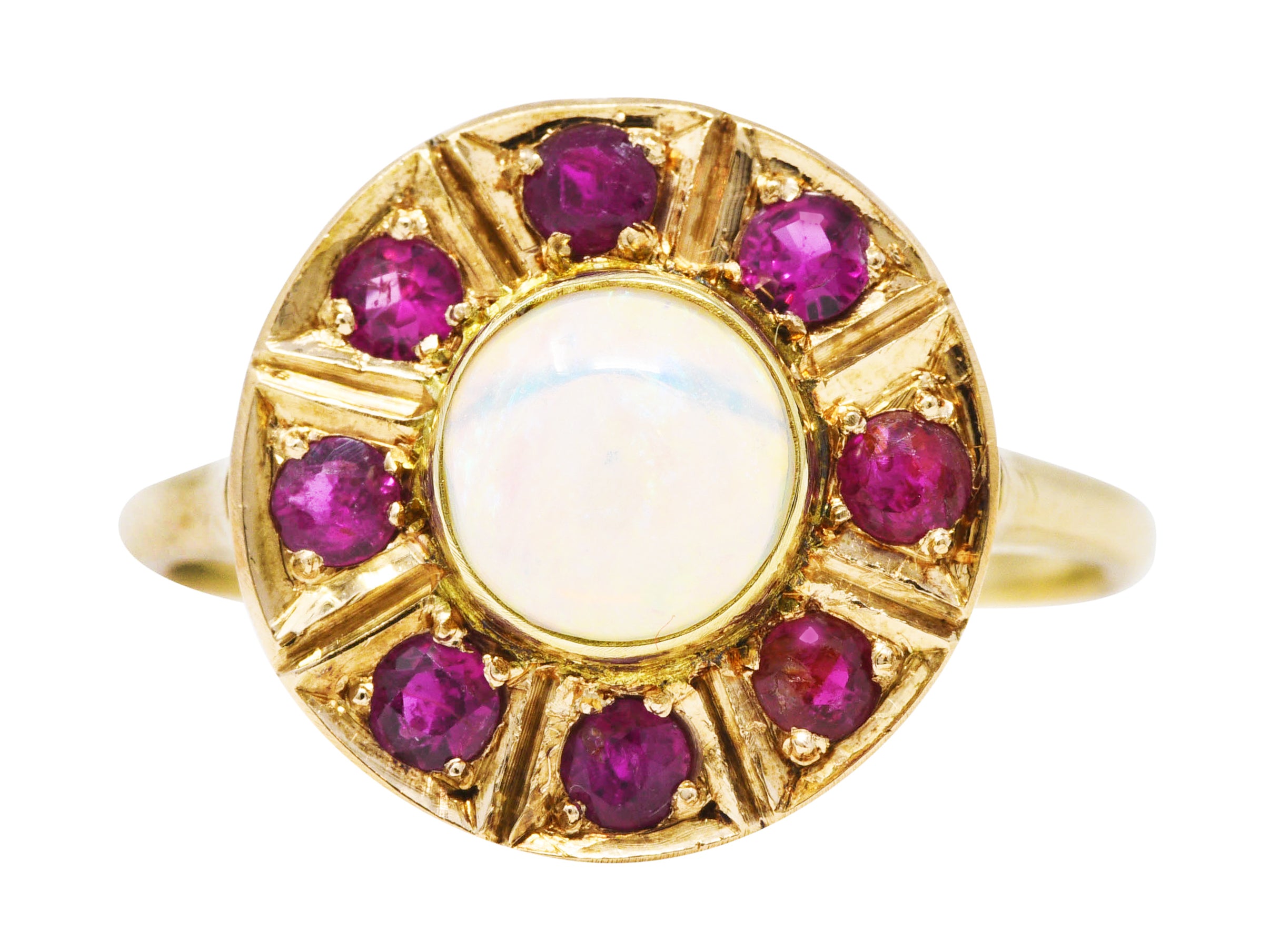 .11111 SH 1890's Late Victorian Opal Ruby 18 Karat Gold Cluster Ring Wilson's Estate Jewelry