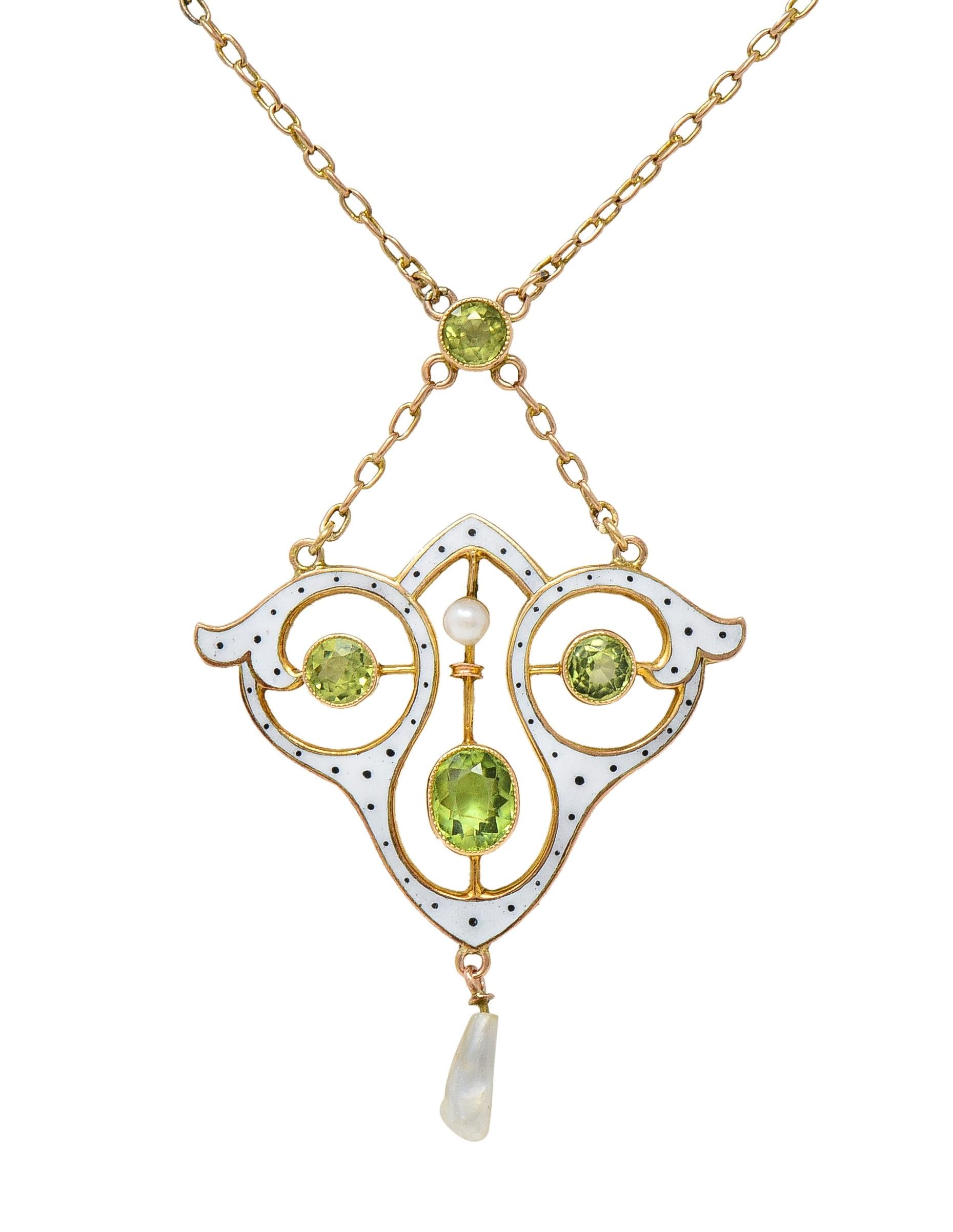 Art Nouveau Peridot Pearl Enamel 9 Karat Rose Gold Antique Lavalier Necklace