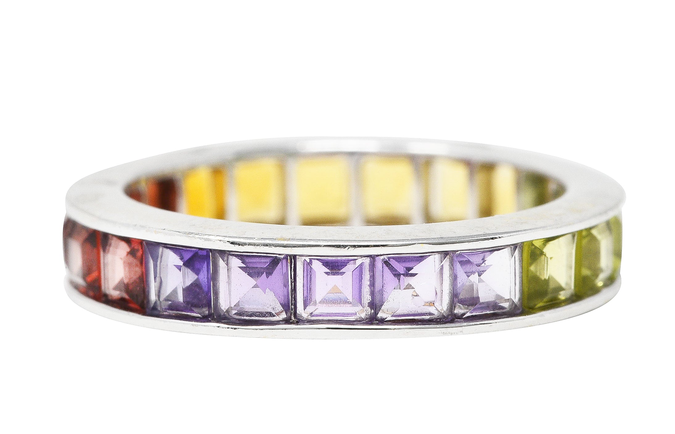 Modern Amethyst Peridot Citrine Garnet Square Cut 18 Karat White Gold Channel Rainbow Eternity Band Ring Wilson's Estate Jewelry