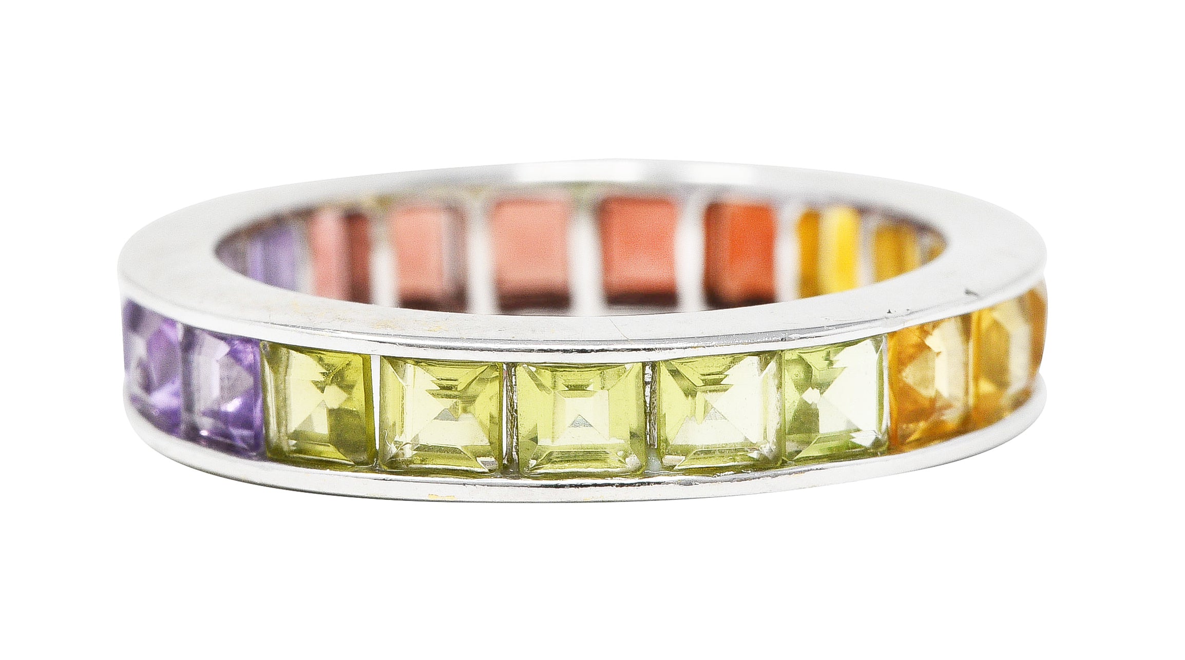 Modern Amethyst Peridot Citrine Garnet Square Cut 18 Karat White Gold Channel Rainbow Eternity Band Ring Wilson's Estate Jewelry