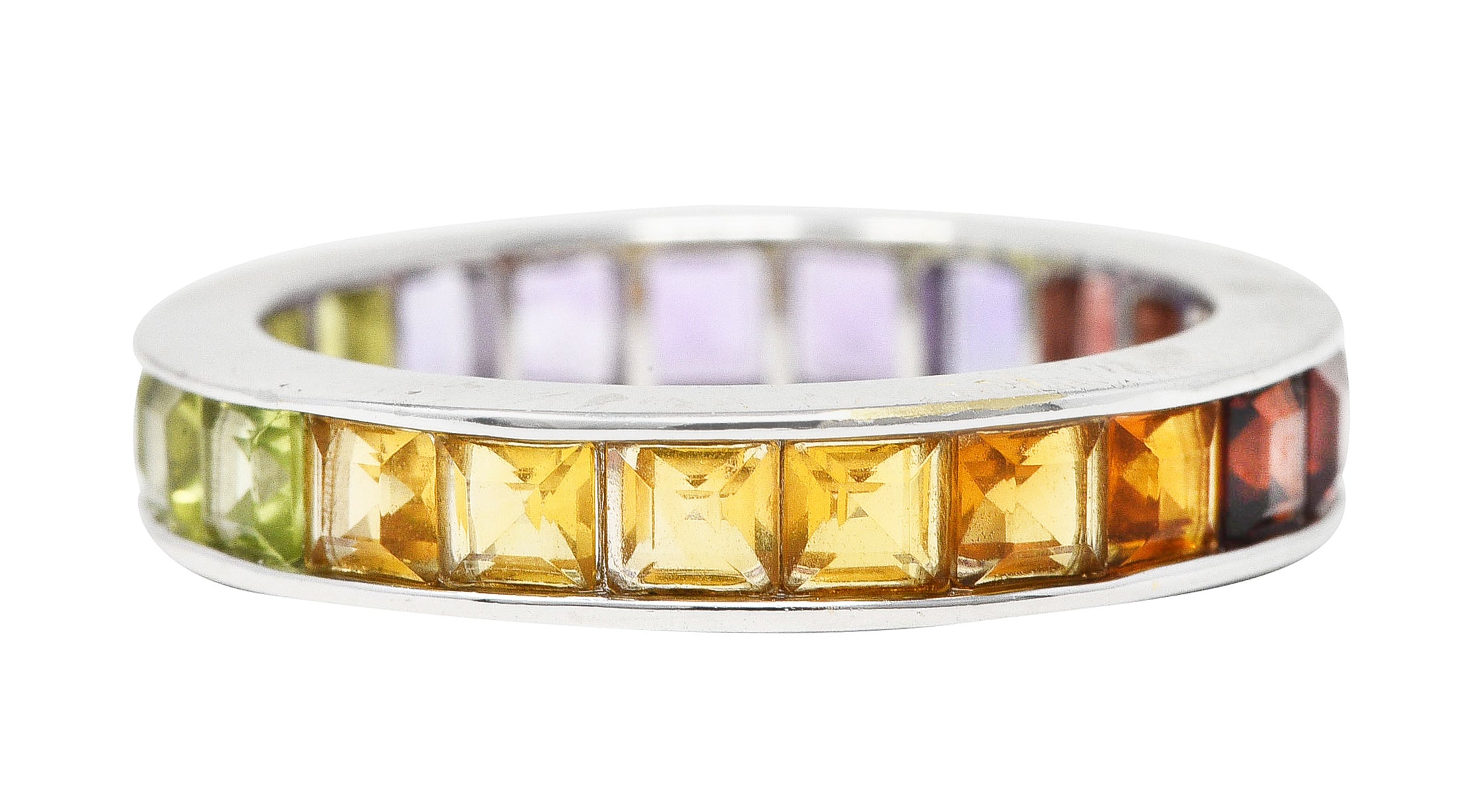 Modern Amethyst Peridot Citrine Garnet Square Cut 18 Karat White Gold Channel Rainbow Eternity Band Ring Wilson's Estate Jewelry