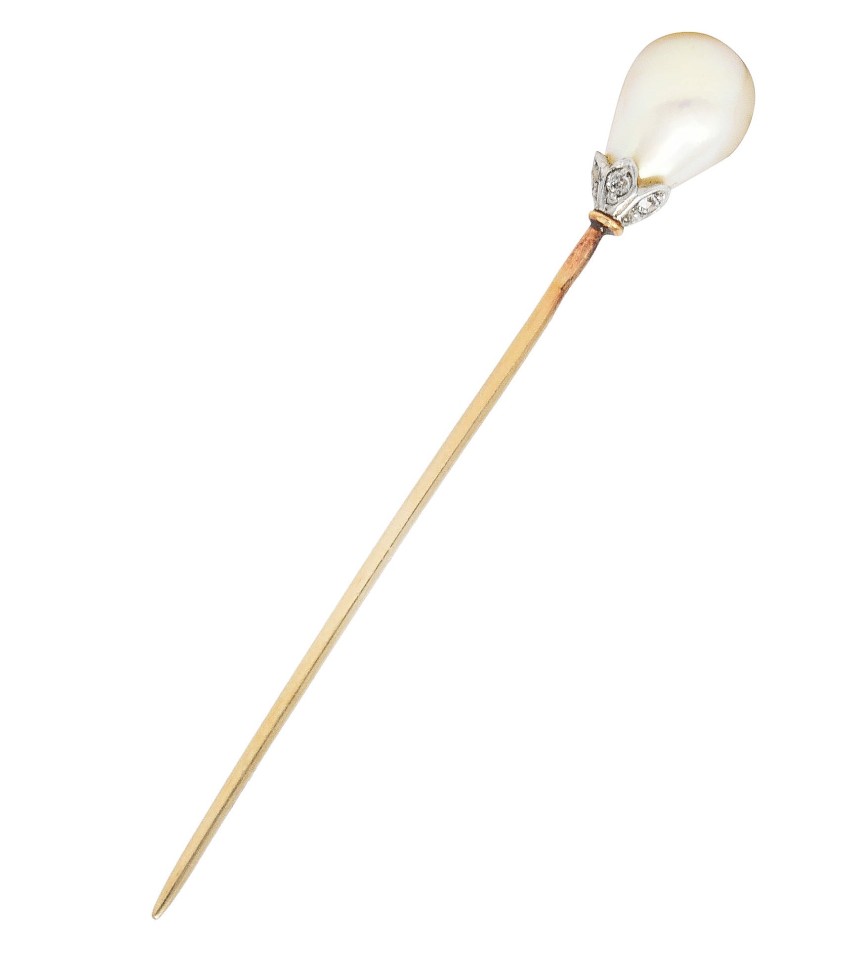 Belle Epoque Saltwater Natural Pearl Diamond Platinum 18 Karat Gold Antique Stickpin GIAStick Pin - Wilson's Estate Jewelry