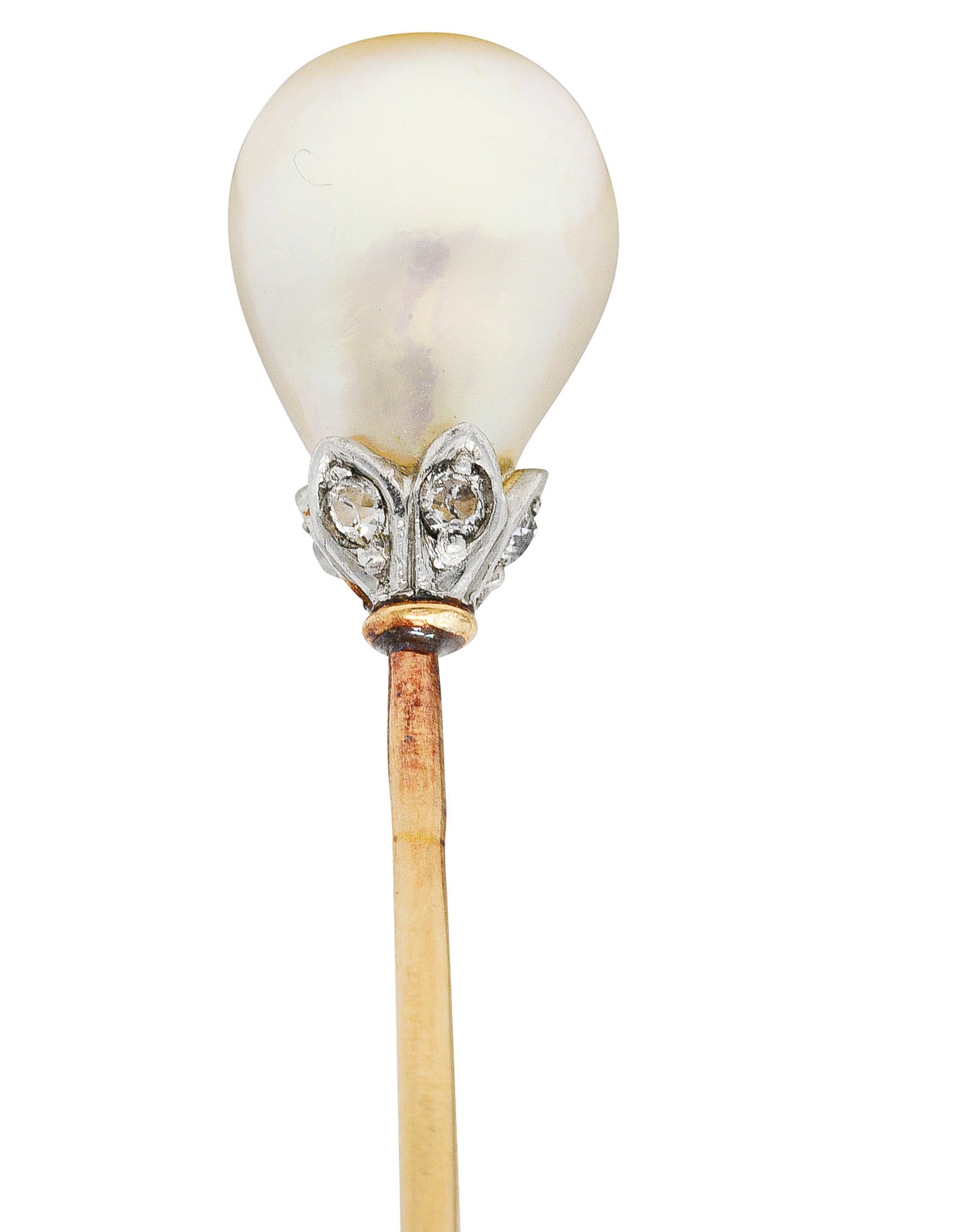 Belle Epoque Saltwater Natural Pearl Diamond Platinum 18 Karat Gold Antique Stickpin GIAStick Pin - Wilson's Estate Jewelry