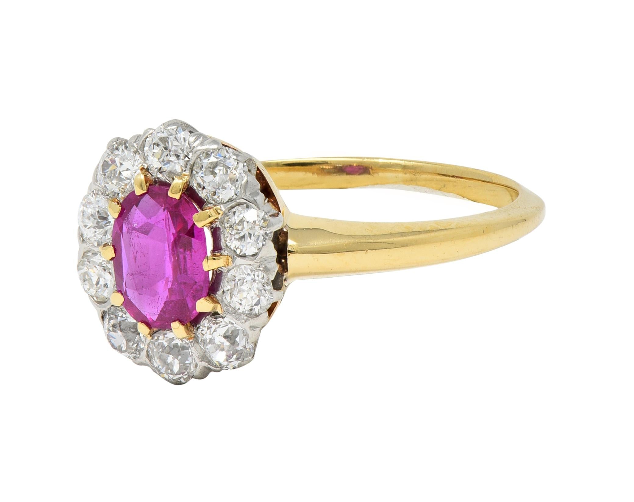 Edwardian No Heat Burma Ruby Diamond Platinum 18 Karat Gold Antique Halo Ring