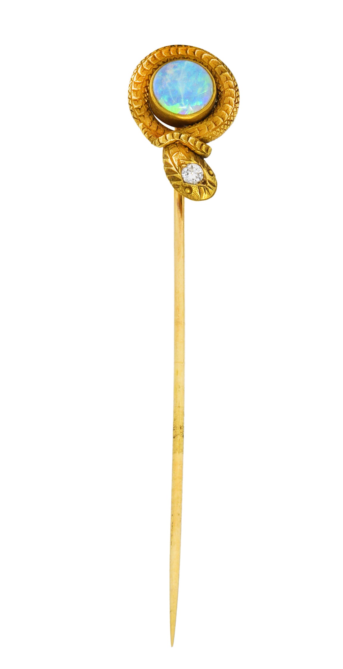 .11111 KO Victorian Opal Diamond 14 Karat Yellow Gold Love Knot Snake Stickpin Wilson's Estate Jewelry