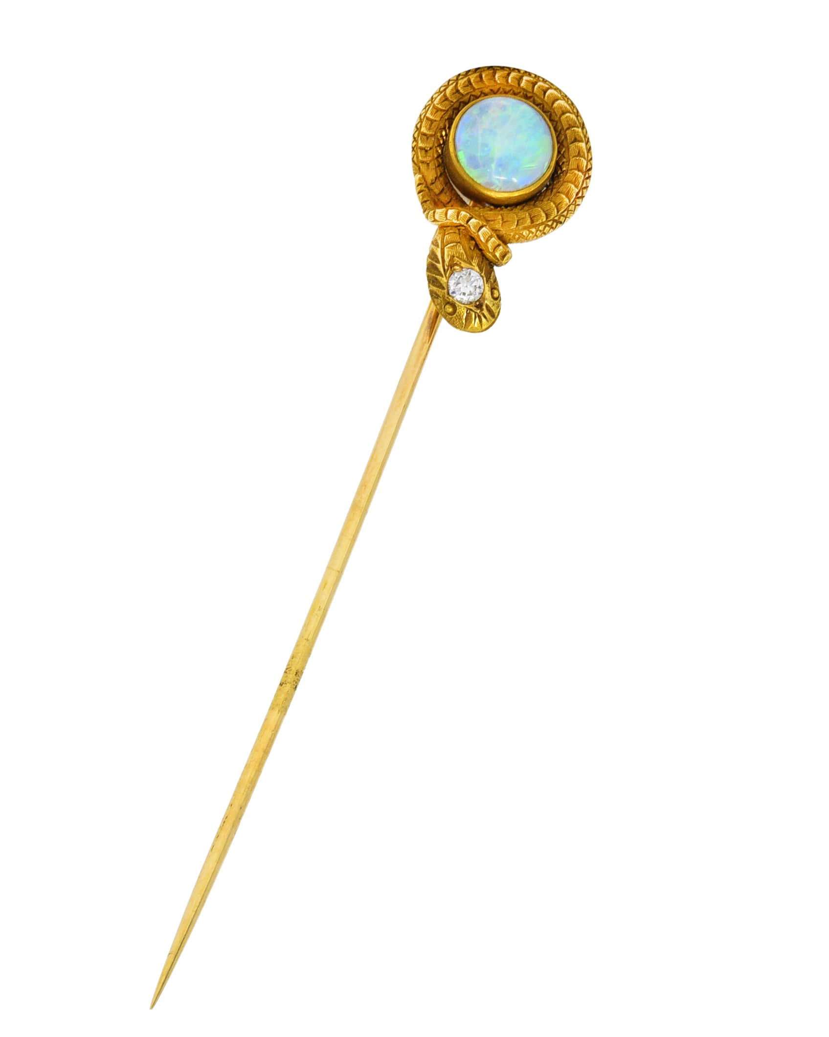 .11111 KO Victorian Opal Diamond 14 Karat Yellow Gold Love Knot Snake Stickpin Wilson's Estate Jewelry