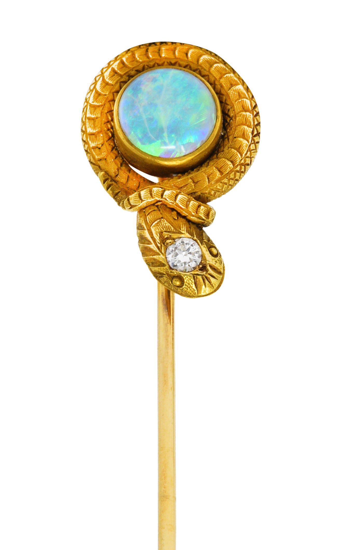 .11111 KO Victorian Opal Diamond 14 Karat Yellow Gold Love Knot Snake Stickpin Wilson's Estate Jewelry