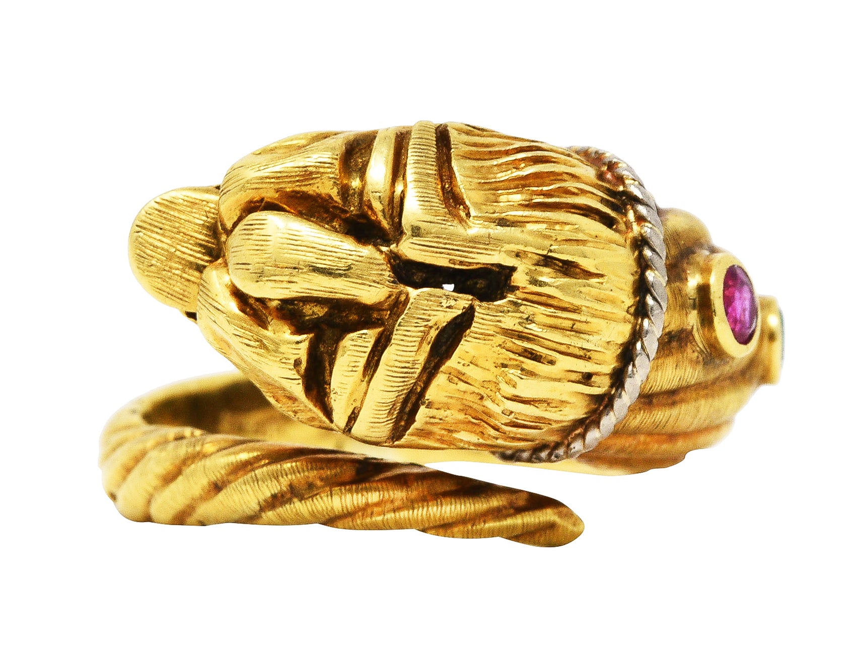 Vintage Lalaounis Ruby Emerald 18 Karat Two-Tone Gold Greek Lion Head Bypass RingRing - Wilson's Estate Jewelry