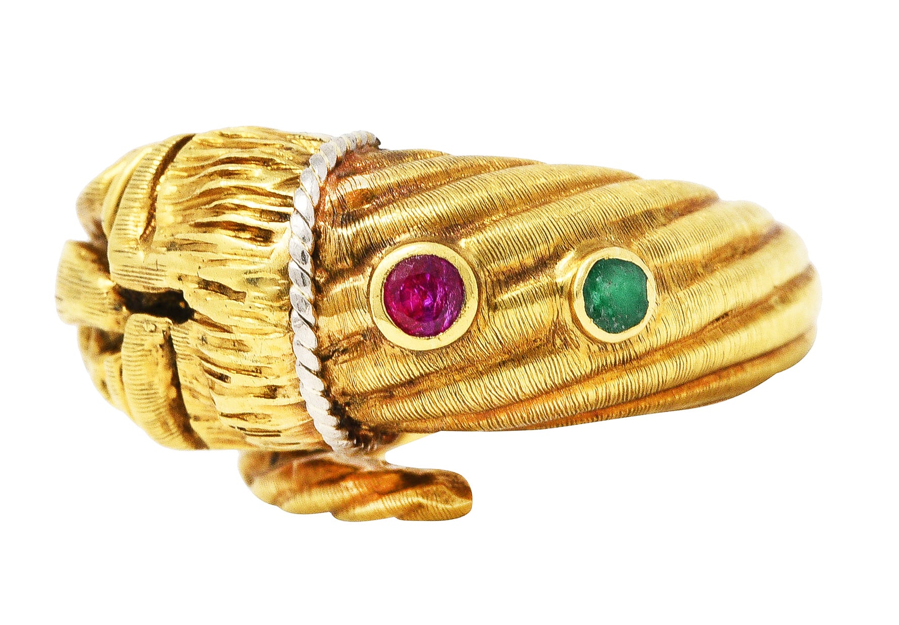 Vintage Lalaounis Ruby Emerald 18 Karat Two-Tone Gold Greek Lion Head Bypass RingRing - Wilson's Estate Jewelry