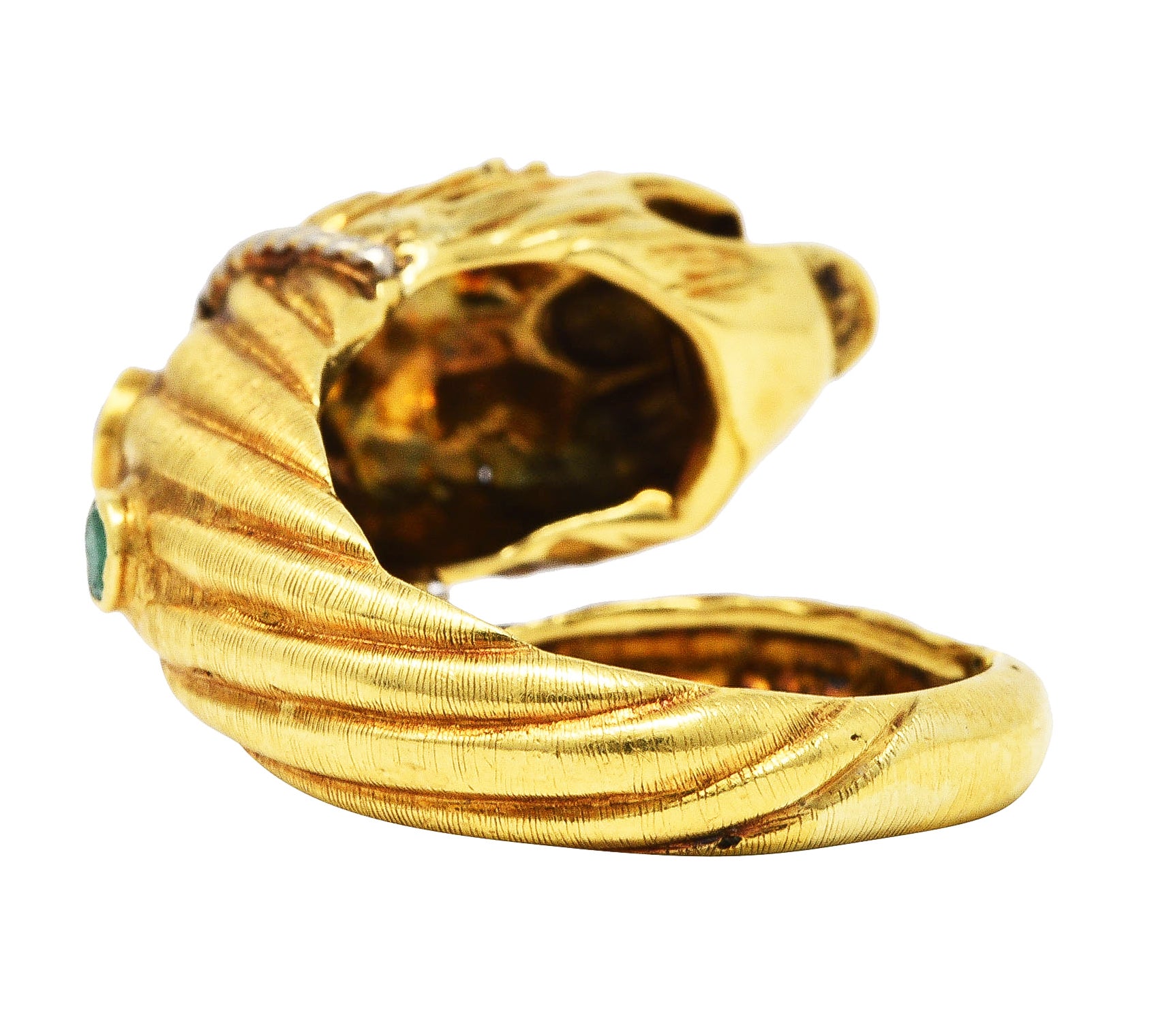 Vintage Lalaounis Ruby Emerald 18 Karat Two-Tone Gold Greek Lion Head Bypass RingRing - Wilson's Estate Jewelry