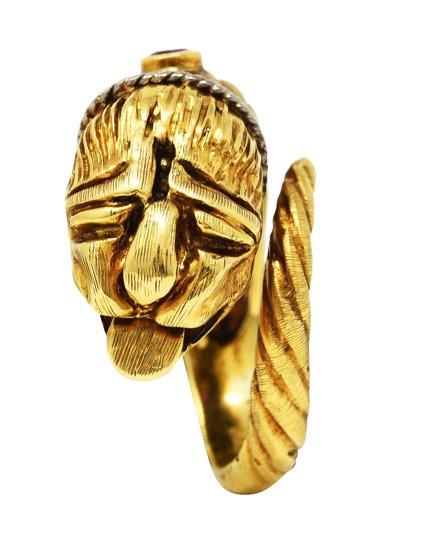 Vintage Lalaounis Ruby Emerald 18 Karat Two-Tone Gold Greek Lion Head Bypass RingRing - Wilson's Estate Jewelry