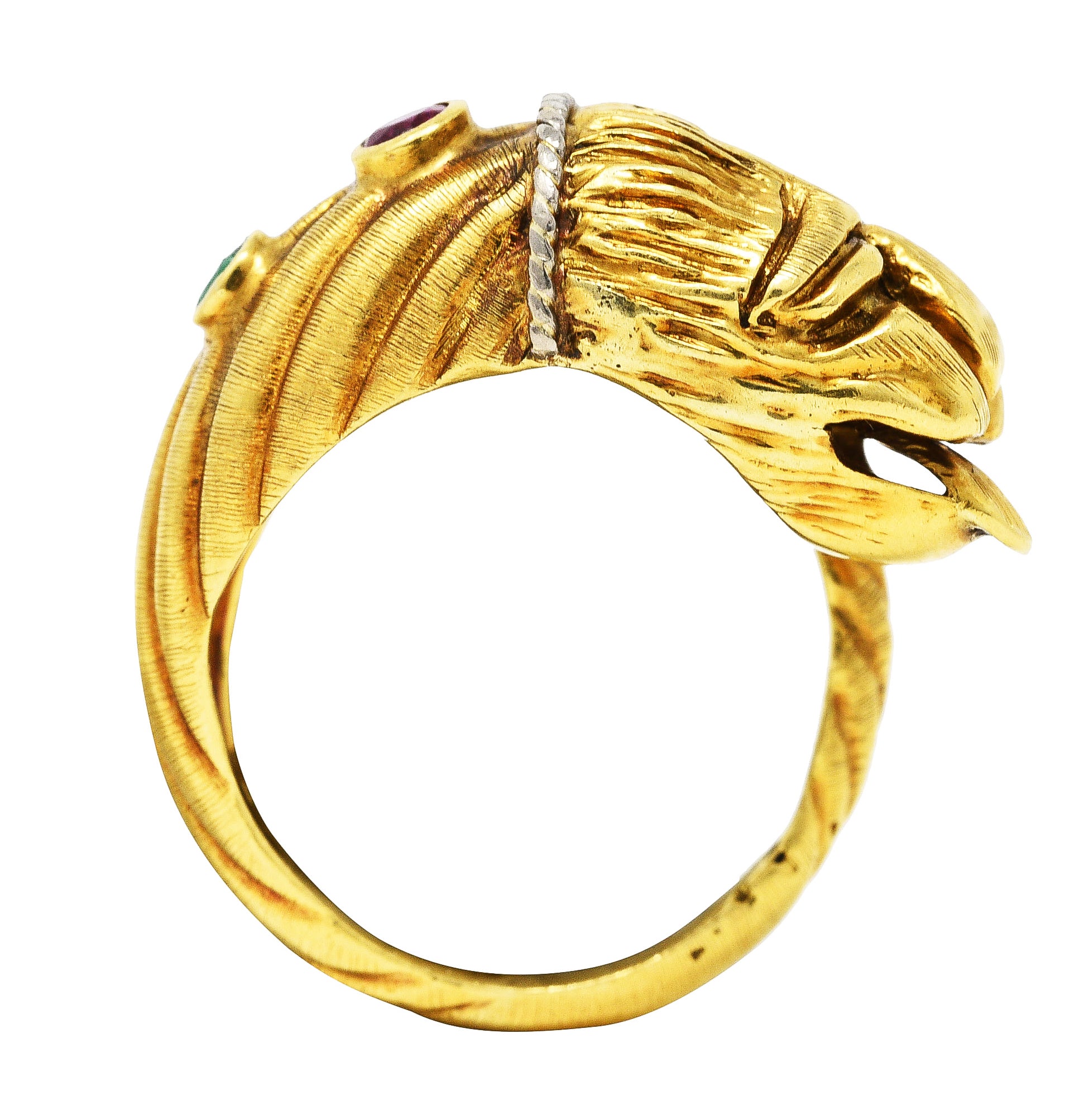 Vintage Lalaounis Ruby Emerald 18 Karat Two-Tone Gold Greek Lion Head Bypass RingRing - Wilson's Estate Jewelry
